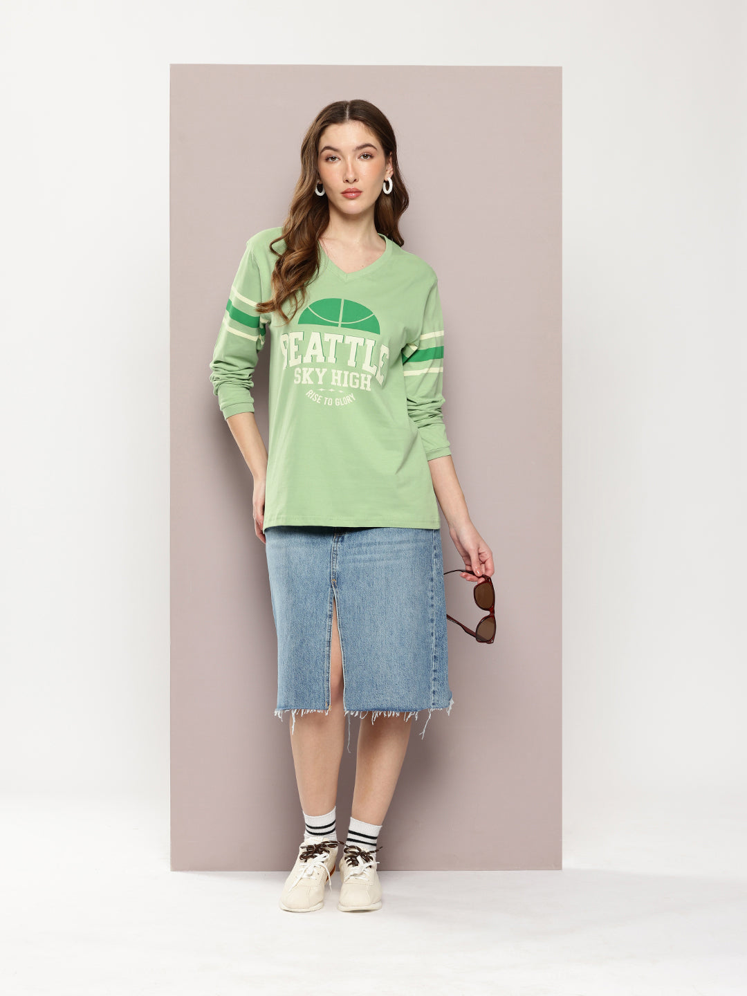 Womens Full Sleeve Round Neck Printed Oversized Fit Tshirts