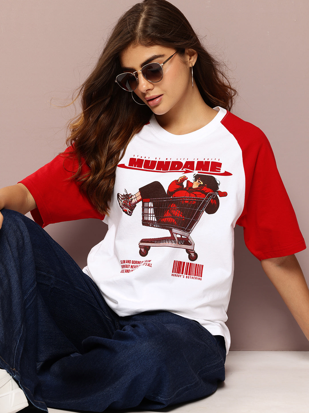 Womens Raglan Sleeve Printed Oversized Fit Tshirt