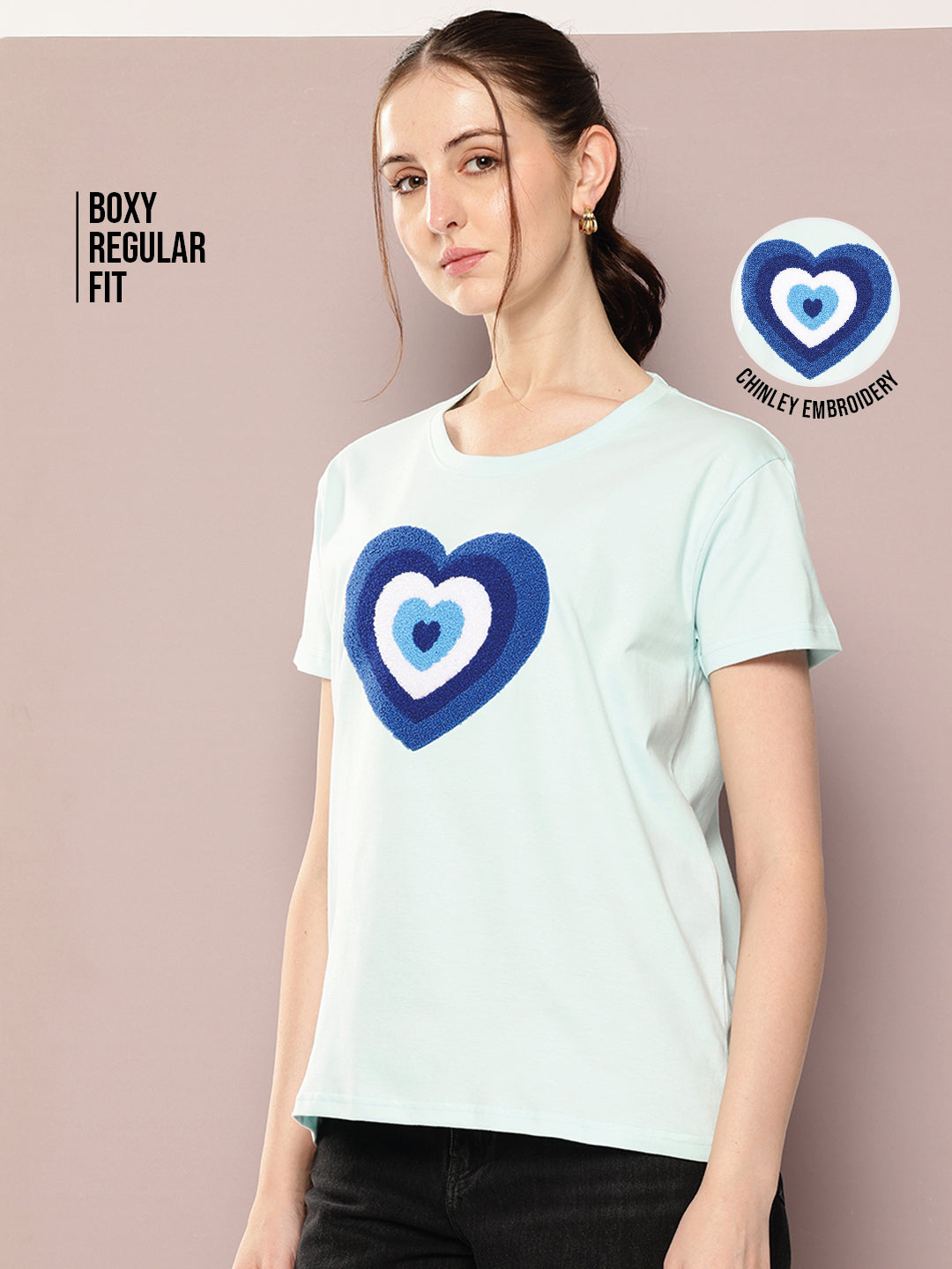 Womens Short Sleeve Embroidery Boxy Regular Fit Tshirt