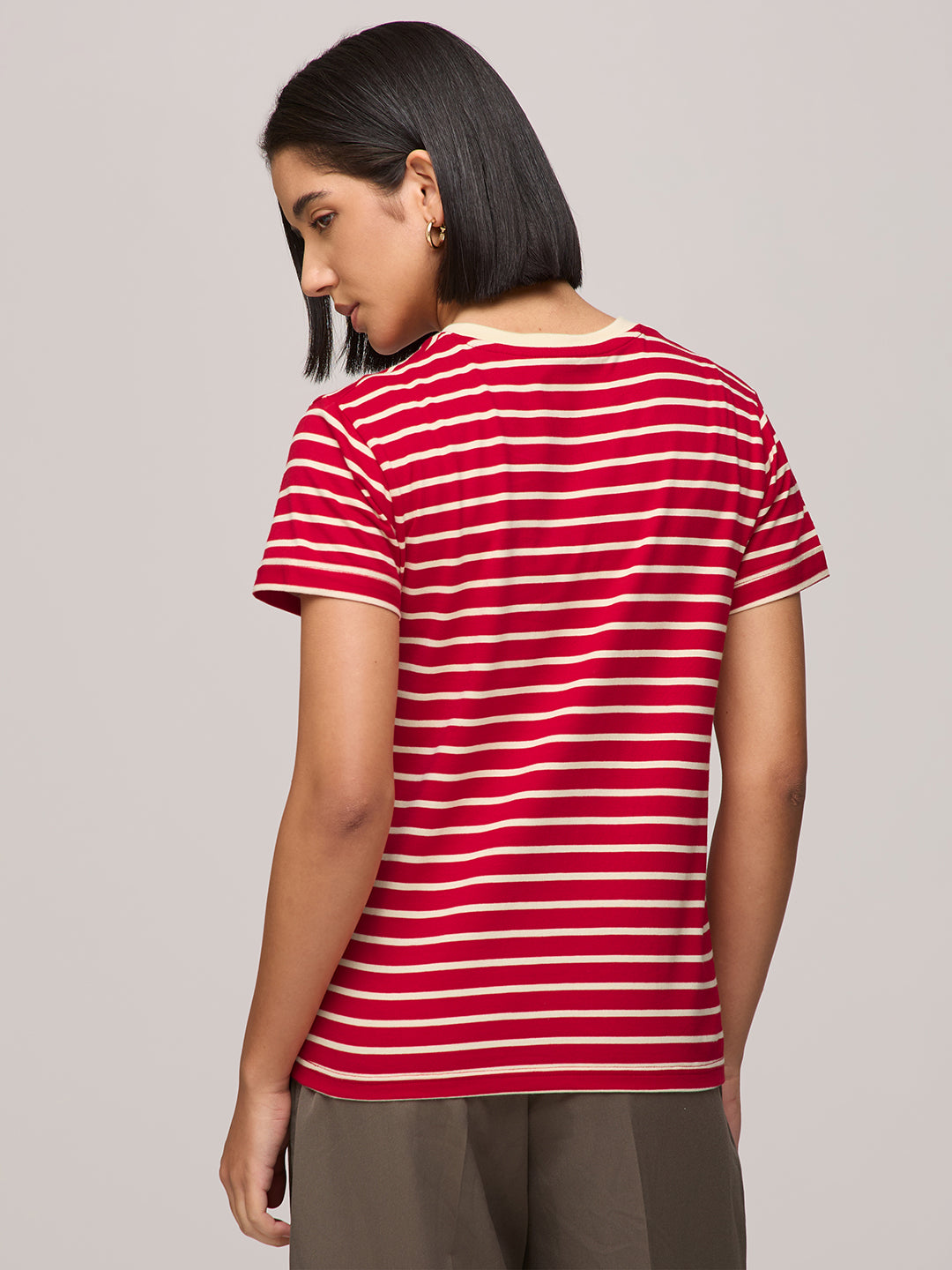 Womens Striped Regular Fit Cotton V-Neck T-Shirt