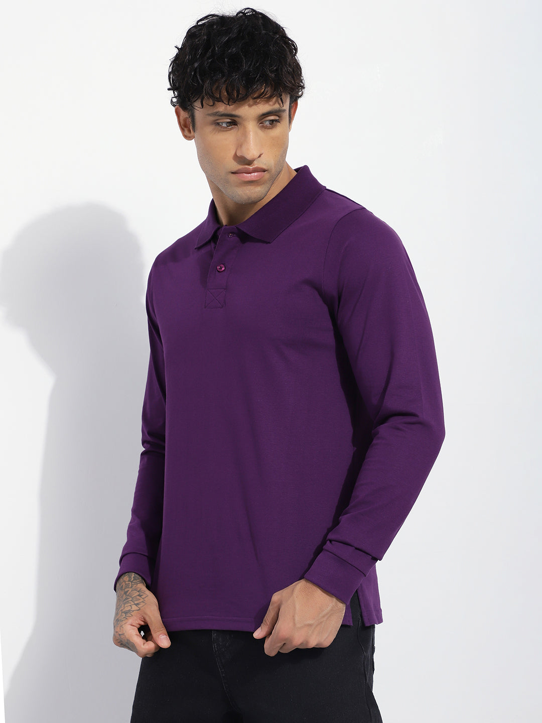 Mens Full Sleeve Polo Neck Solid Regular Fit Tshirts