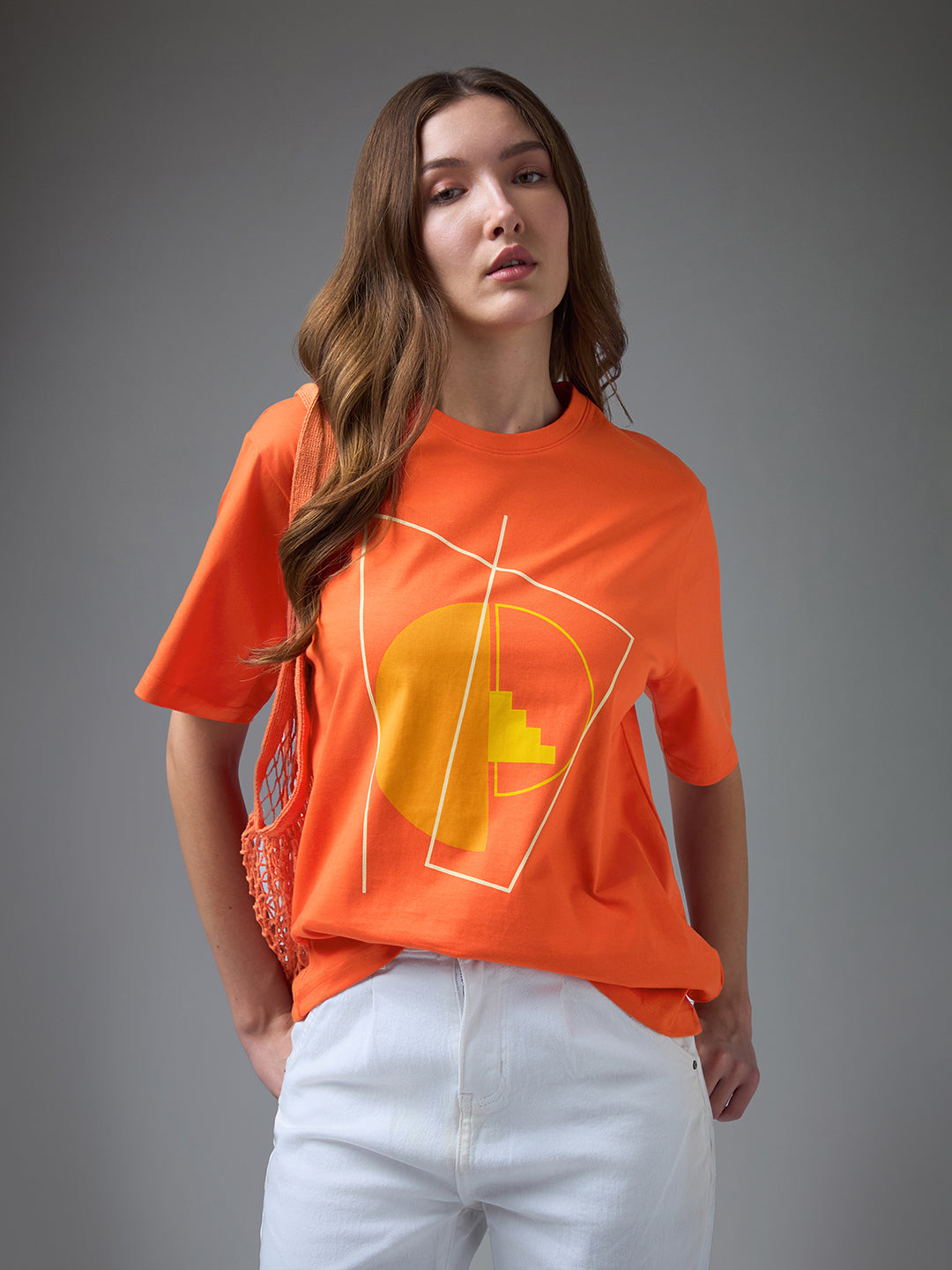 Womens Printed Round Neck Oversized Fit Tshirt
