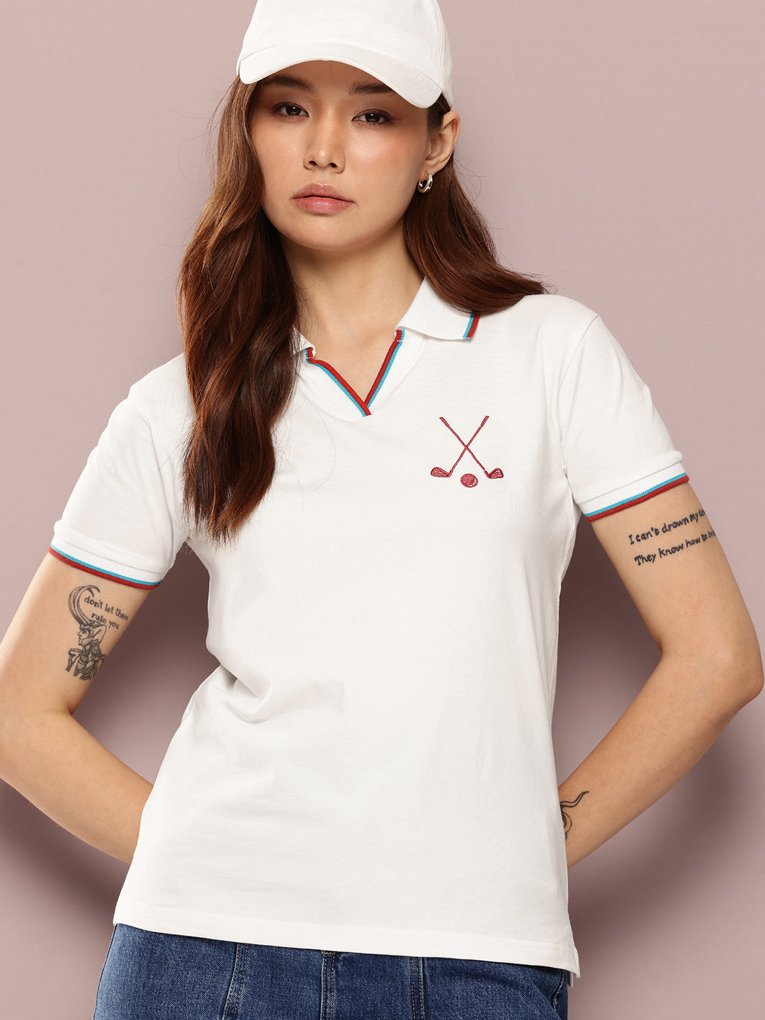 Womens Half Sleeve Polo Neck Embroidered Regular Fit Tshirts
