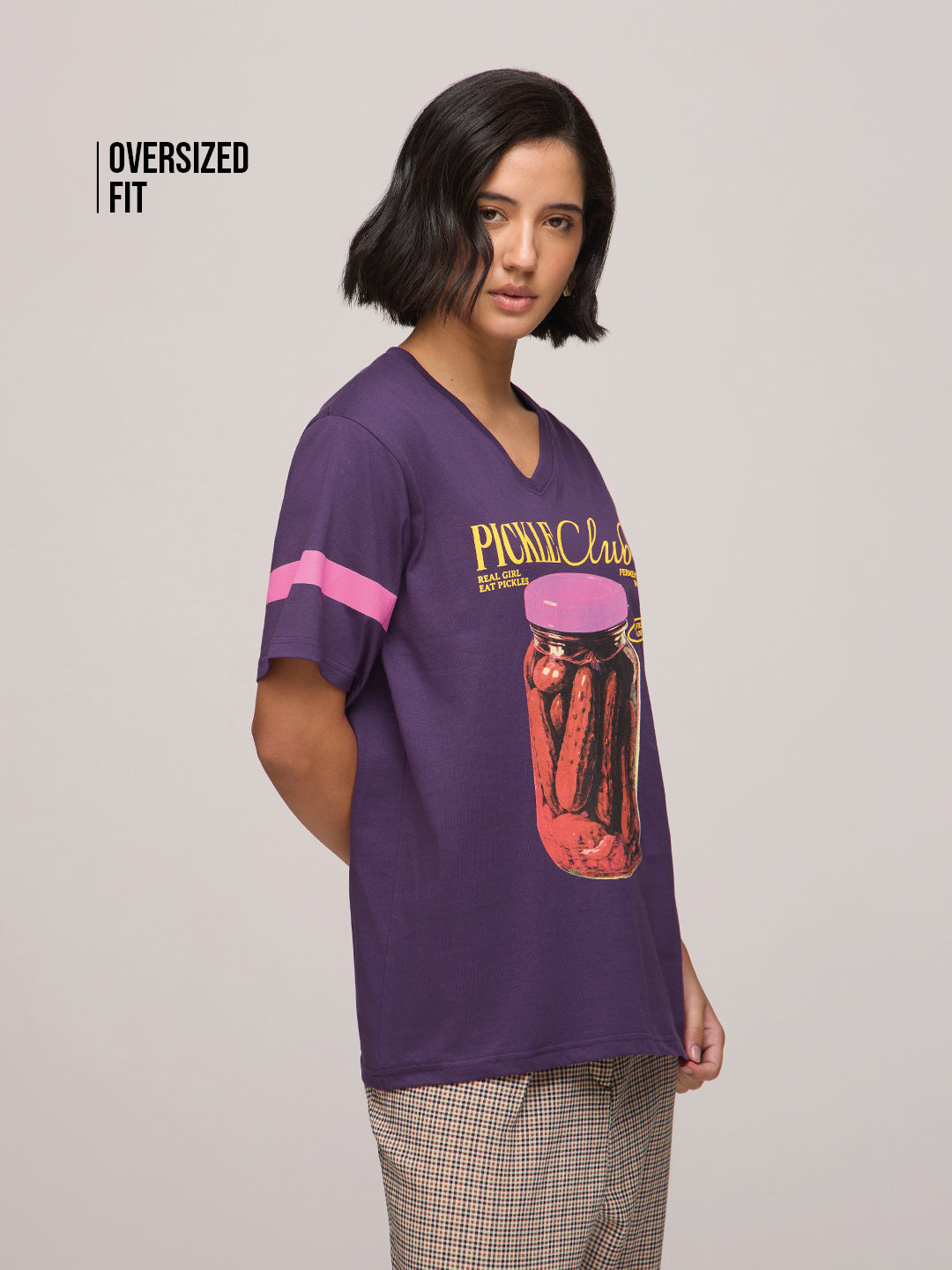 Womens Printed Oversized Fit Cotton V-Neck T-Shirt