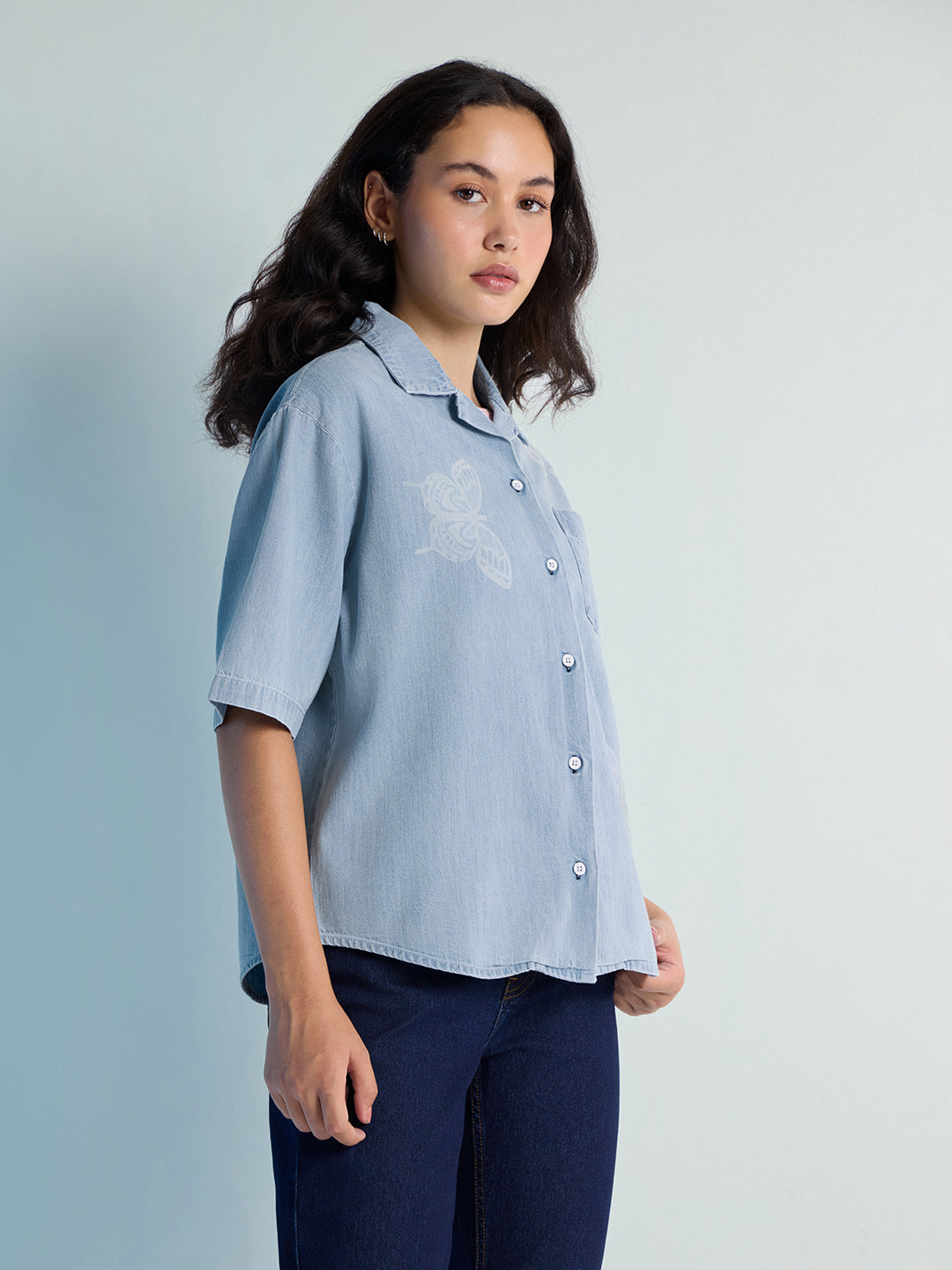 Womens Embroidery Boxy Regular Cuban Collar Neck Denim Shirt