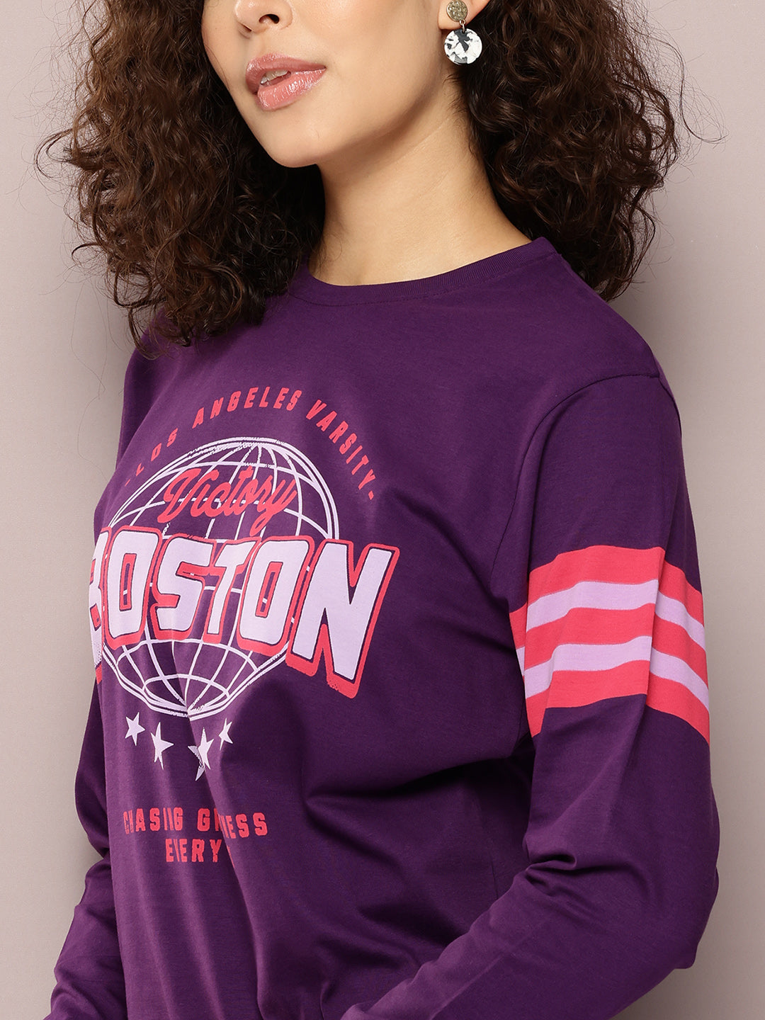 Womens Full Sleeve Round Neck Printed Oversized Fit Tshirts