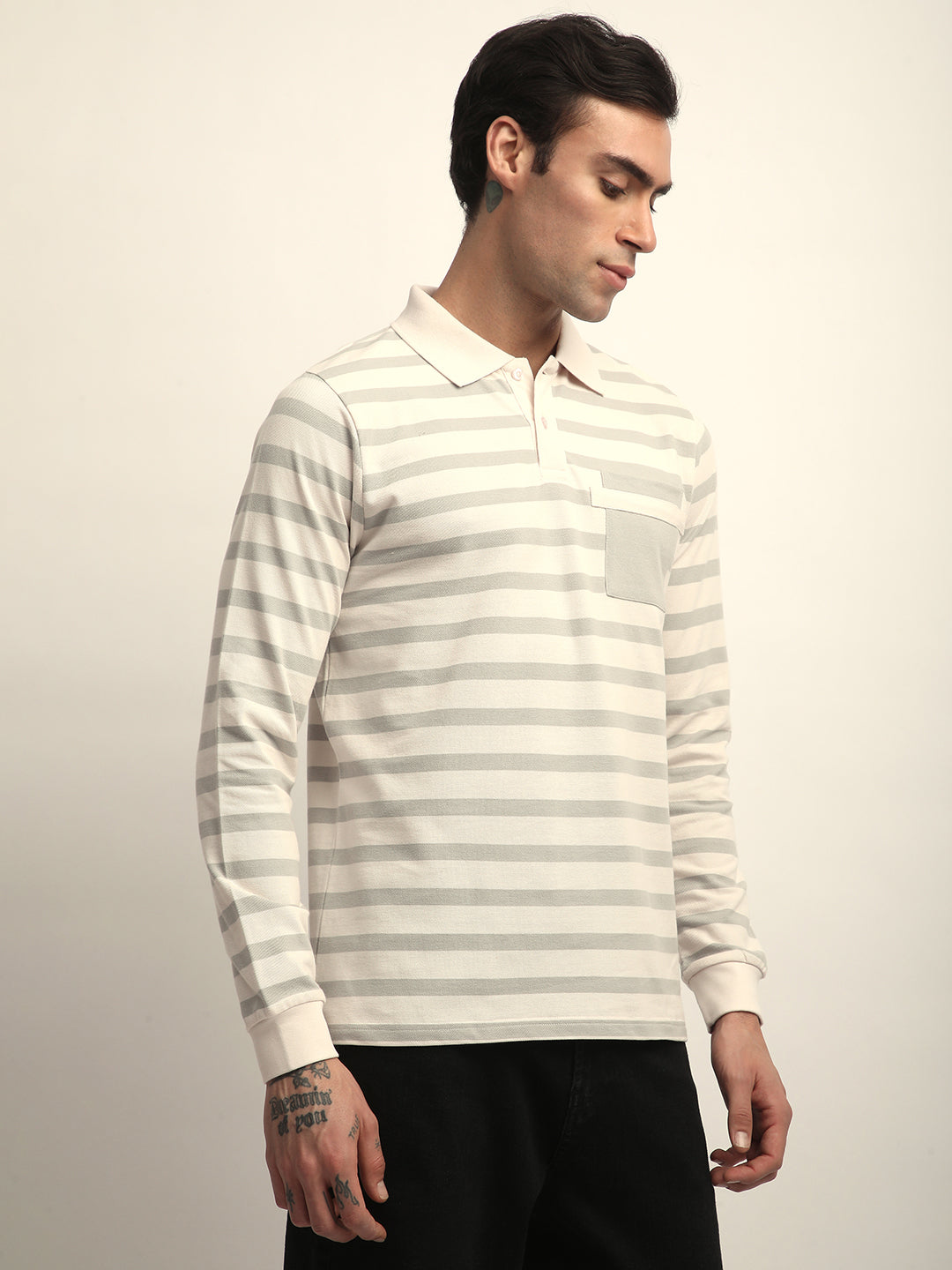 Mens Full Sleeve Polo Neck All-Over Striped Regular Fit Tshirts