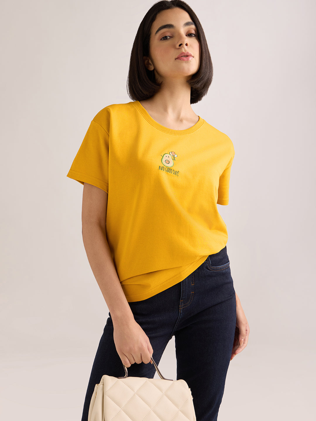 Womens Embroidery Boxy Regular Fit French Terry Cotton Tshirt