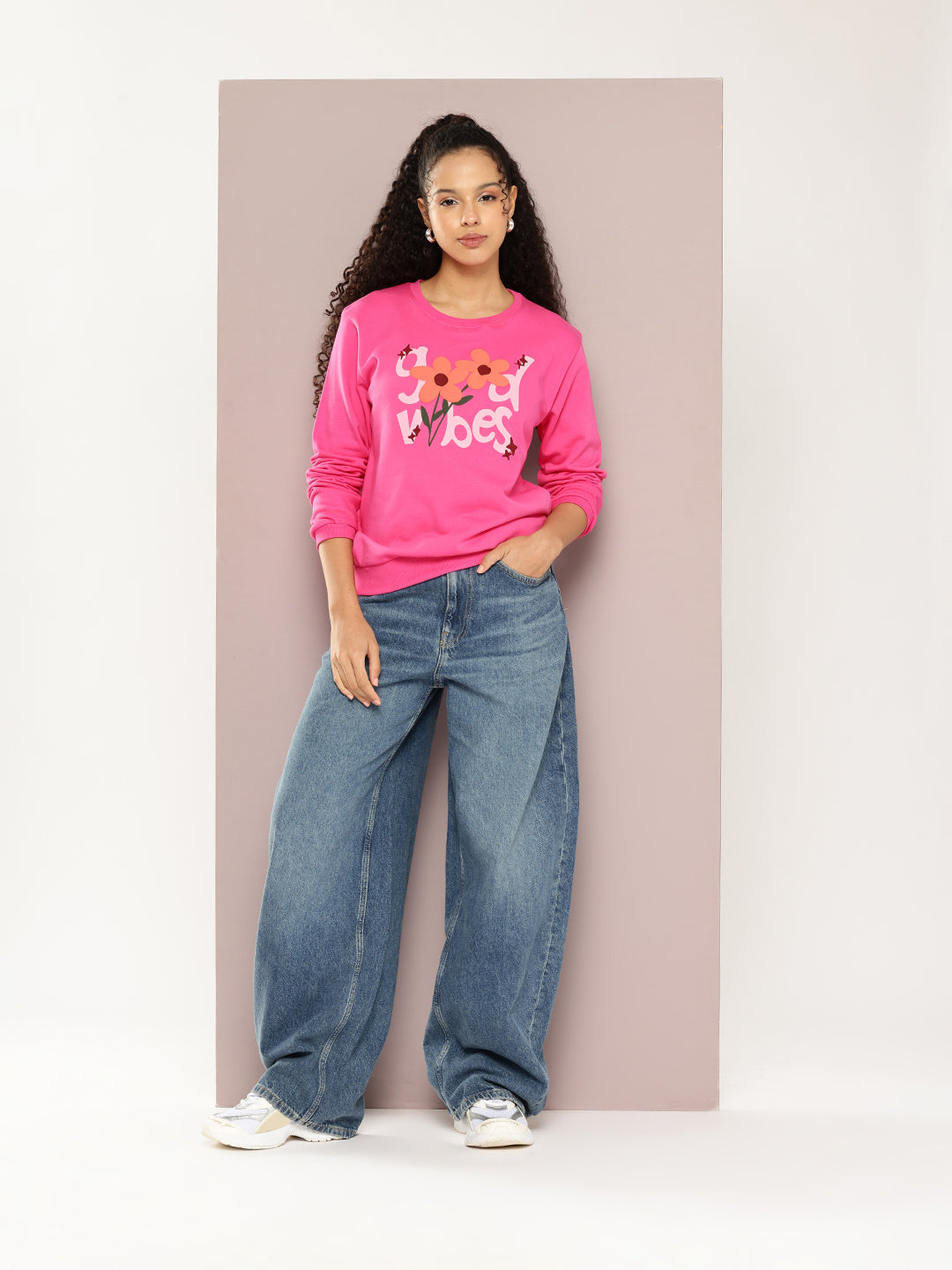 Womens Full Sleeve Round Neck Embellished Relaxed Fit Tshirts