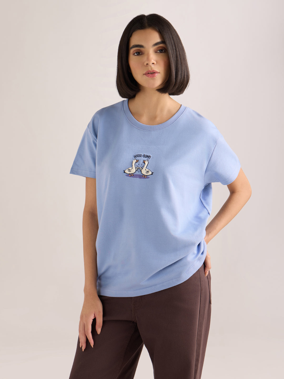 Womens Embroidery Boxy Regular Fit French Terry Cotton Tshirt