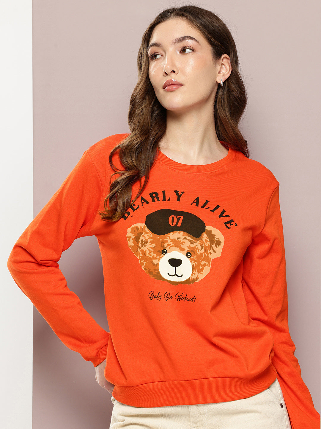 Womens Full Sleeve Round Neck Printed Relaxed Fit Tshirts
