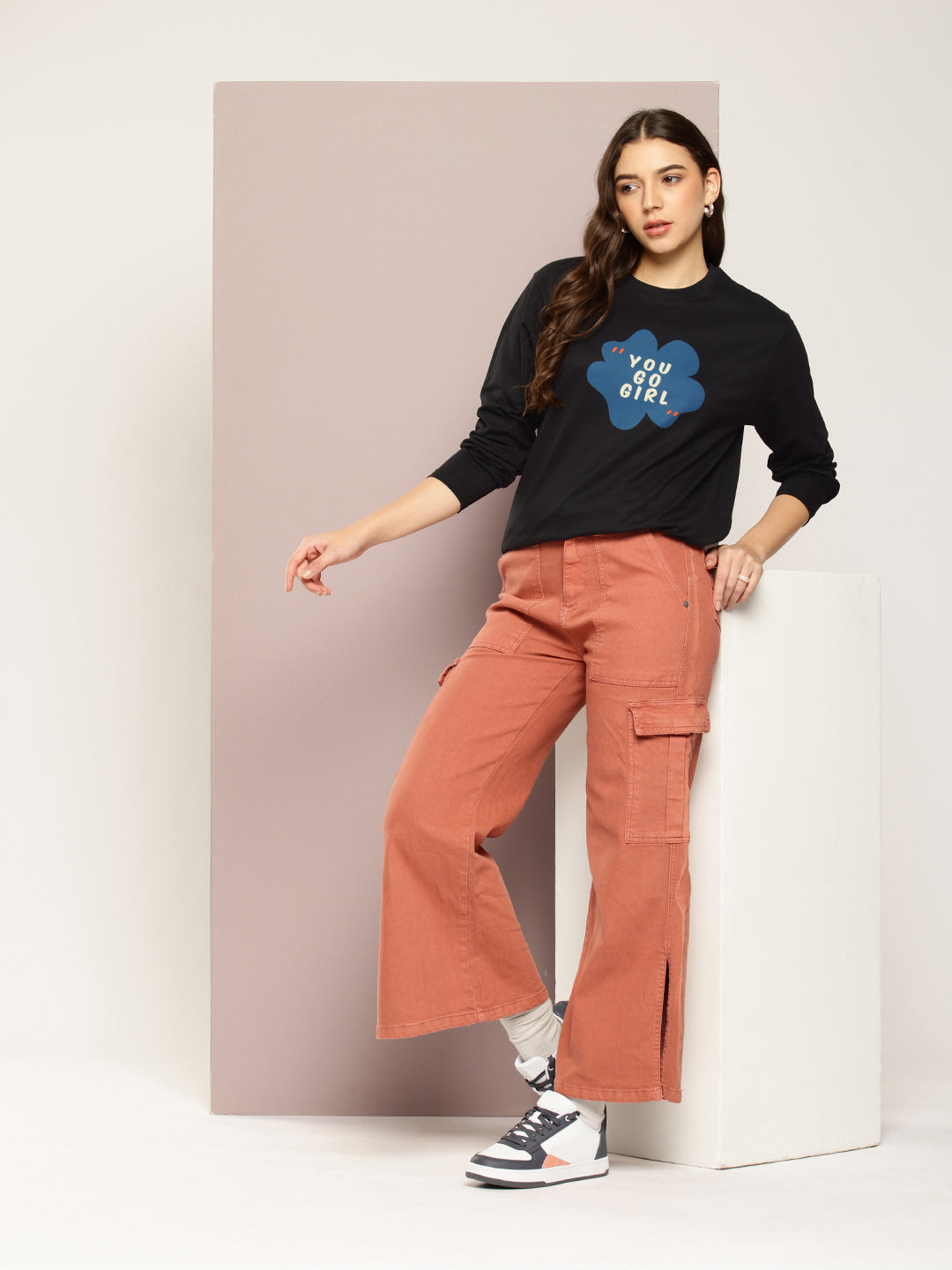 Womens Full Sleeve Round Neck Printed Oversized Fit Tshirts