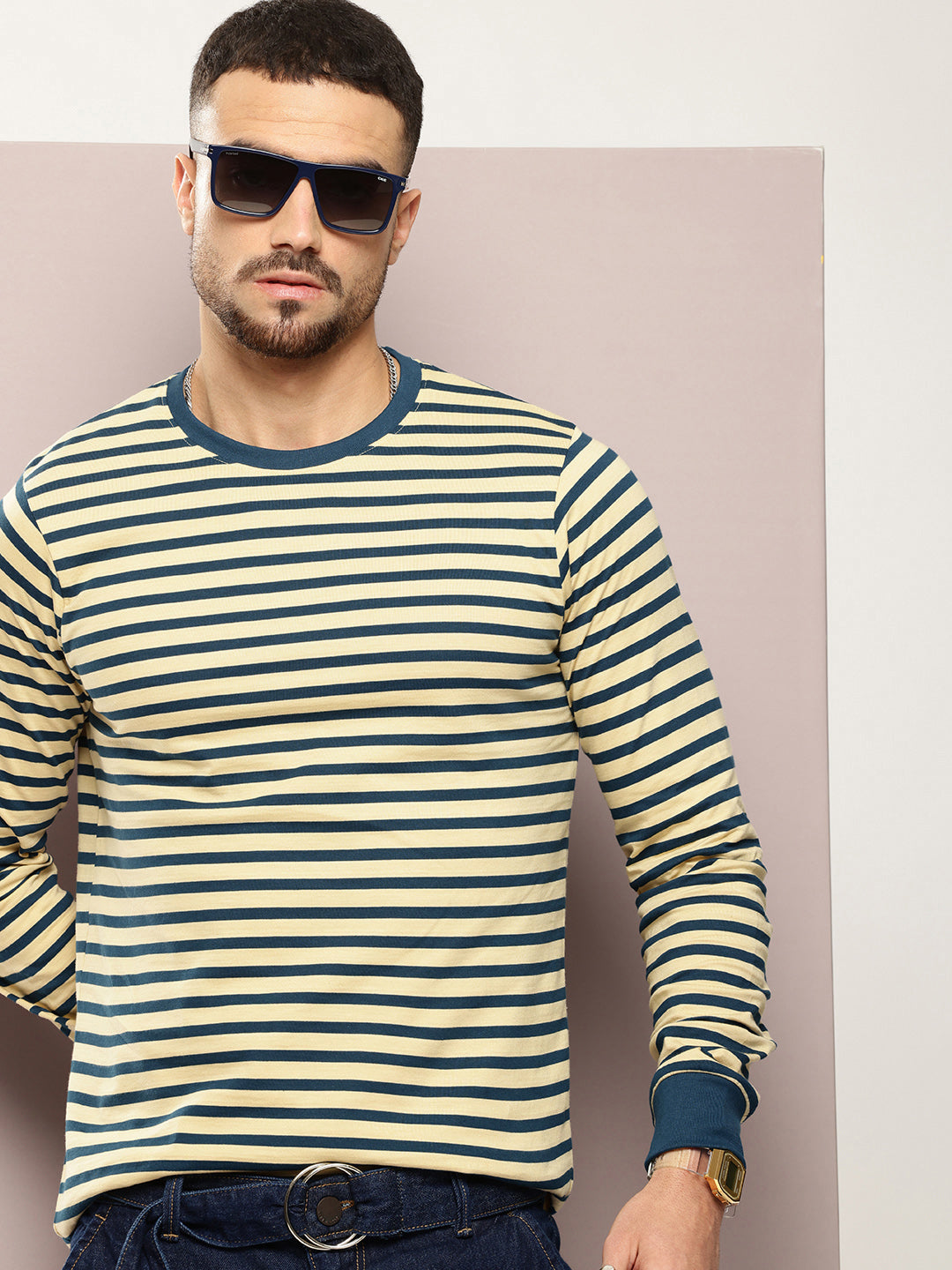 Mens Full Sleeve Round Neck Striped Regular Fit Tshirts