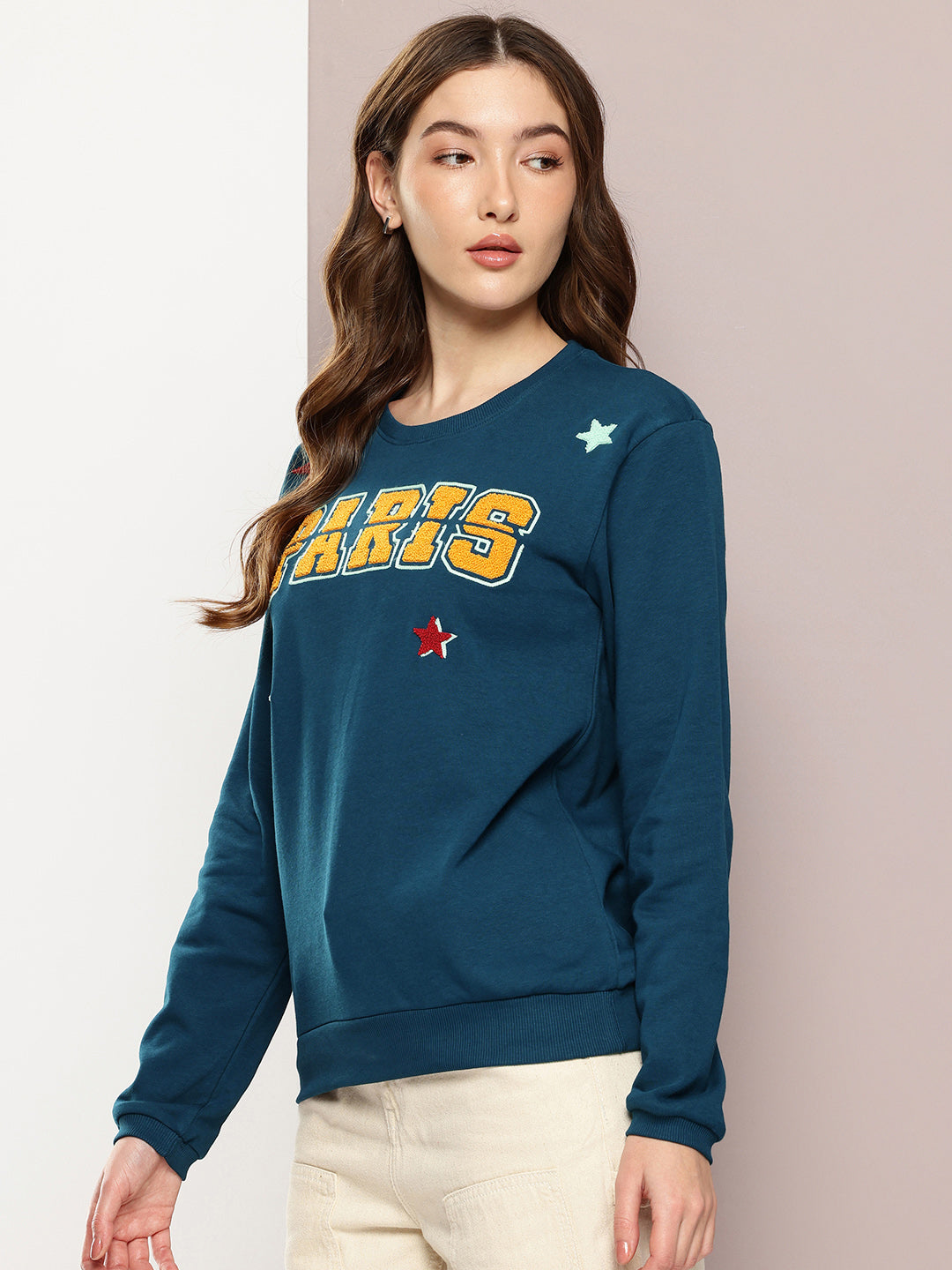 Womens Full Sleeve Round Neck Embroidered Relaxed Fit Tshirts