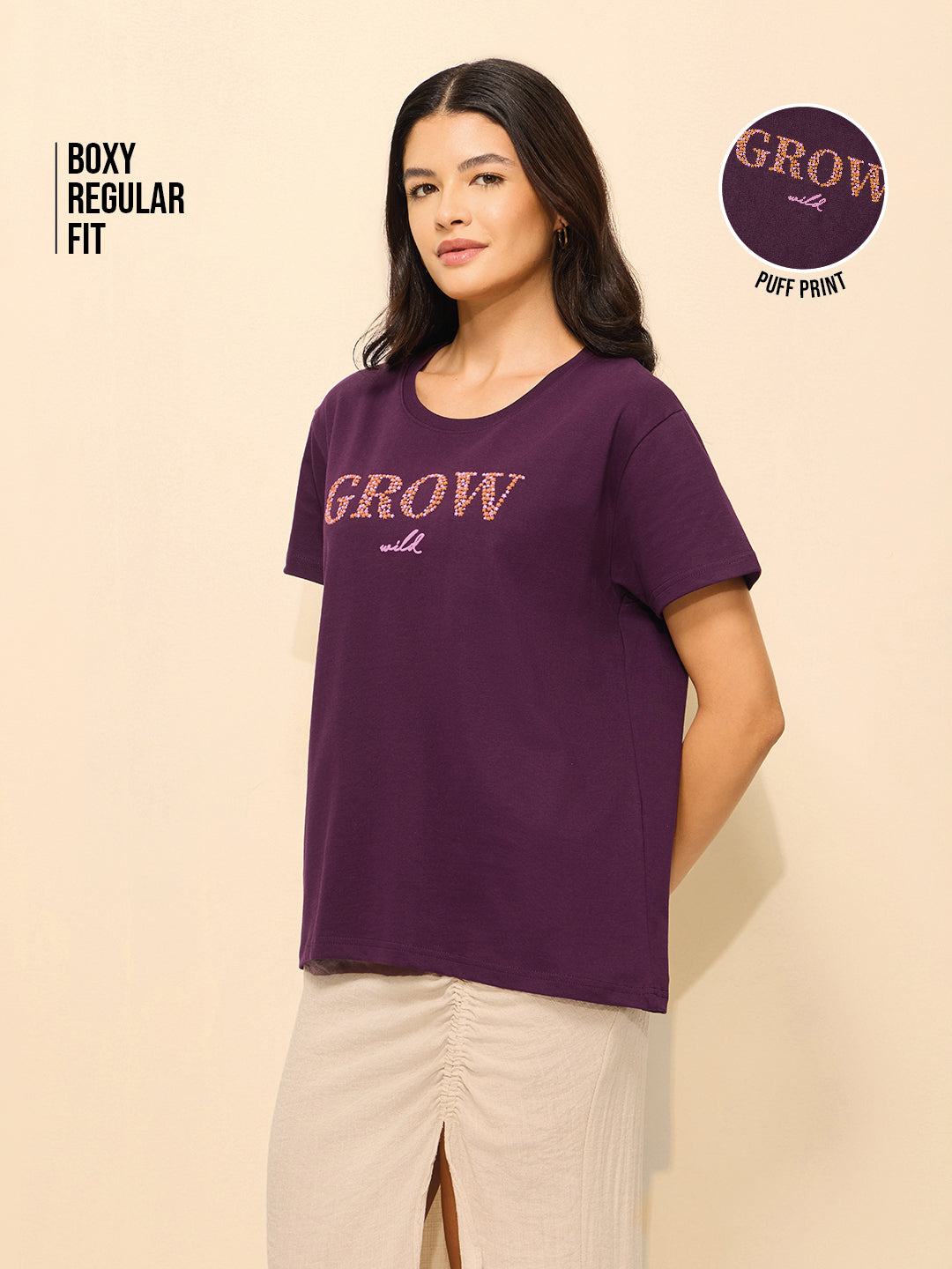 Womens Puff Printed Boxy Regular Fit Cotton T-Shirt