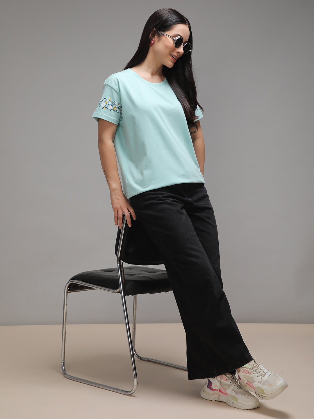 Womens Half Sleeve Round Neck Embroidery Boxy Fit Tshirts