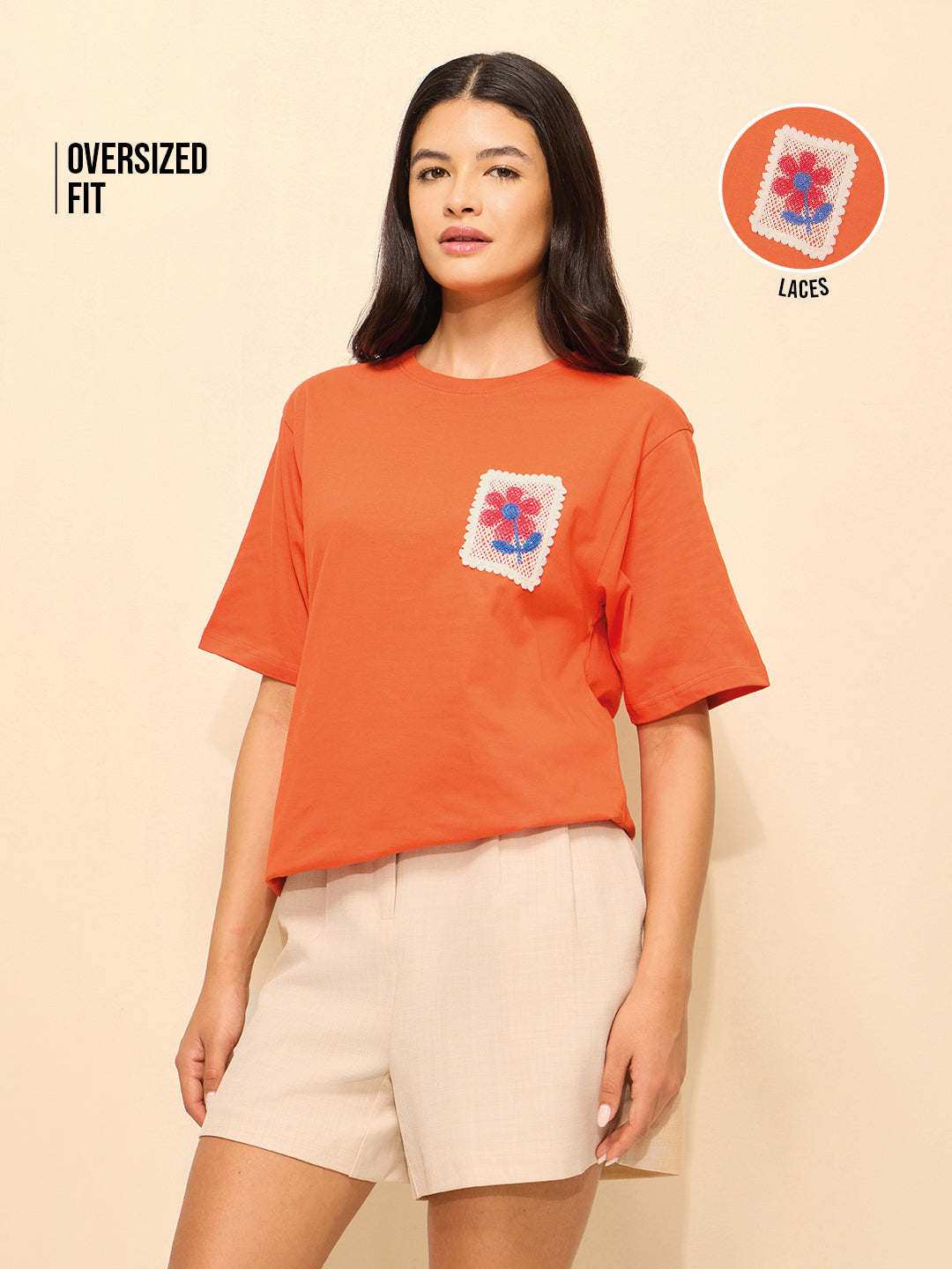 Womens Laces Detailed Oversized Fit Cotton T-Shirt