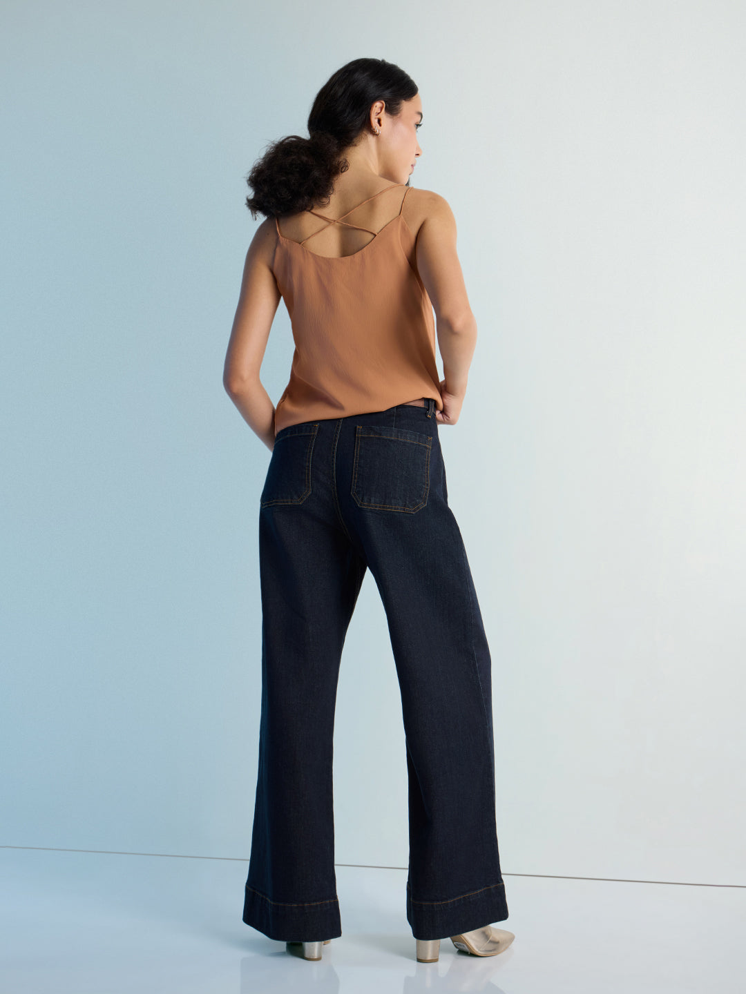 Womens Wide Leg Patch Pocket Denim Jeans Pant