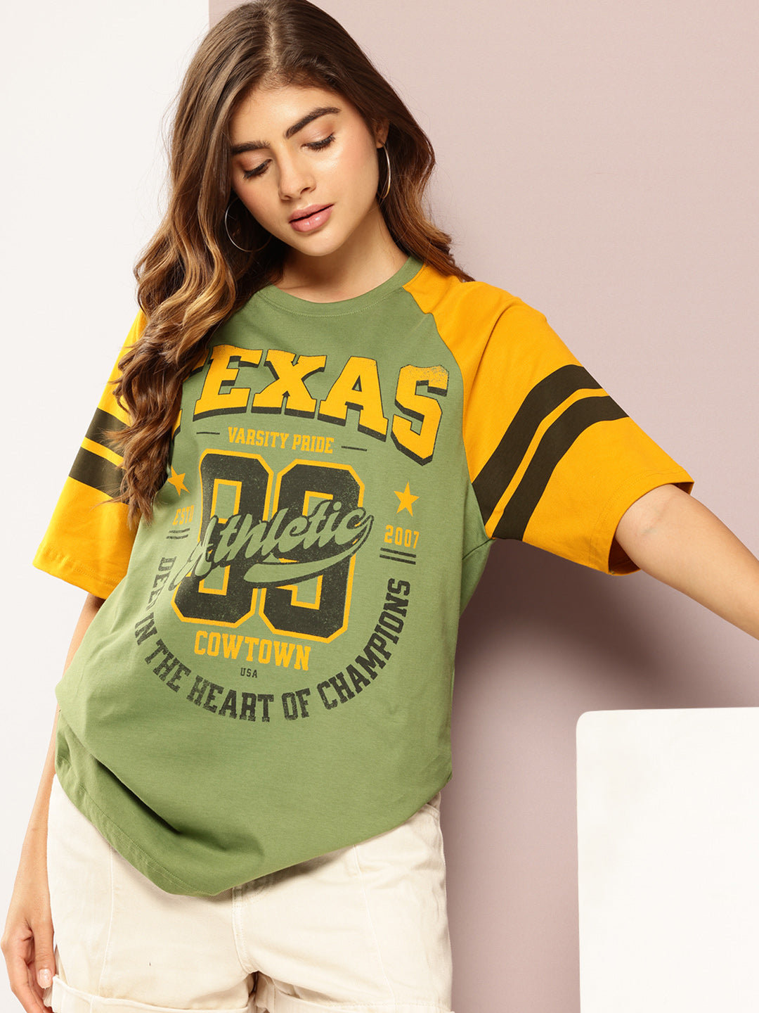 Womens Raglan Sleeve Printed Oversized Fit Tshirt