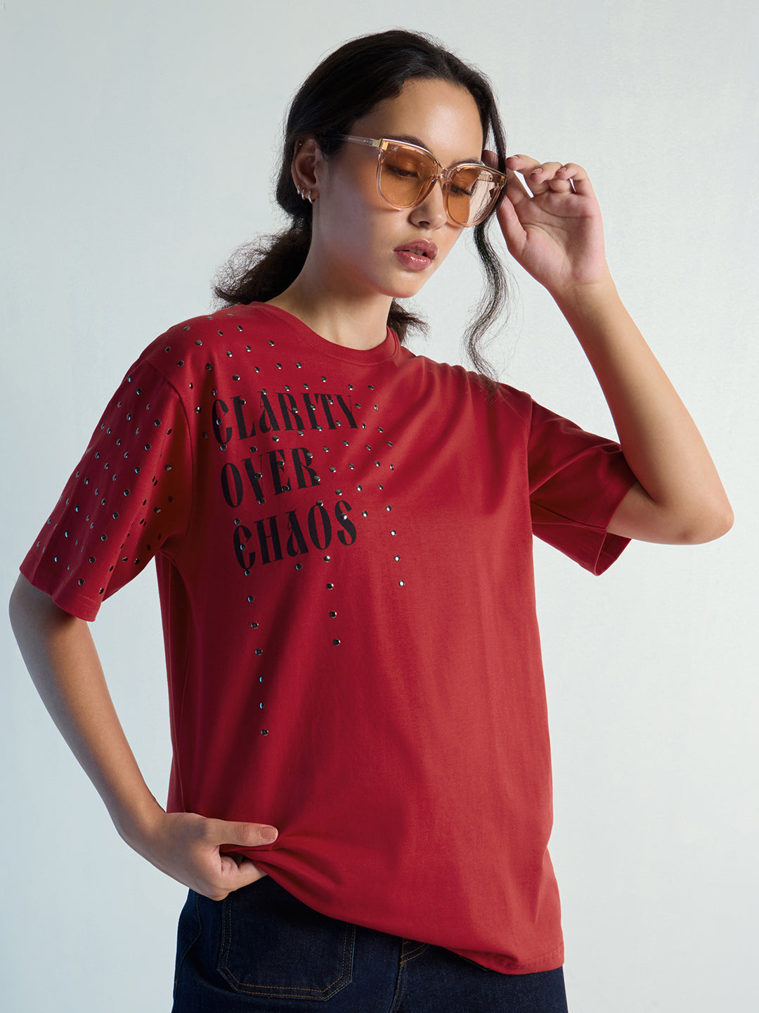 Womens Stud Detailed Oversized Round Neck Tshirt 