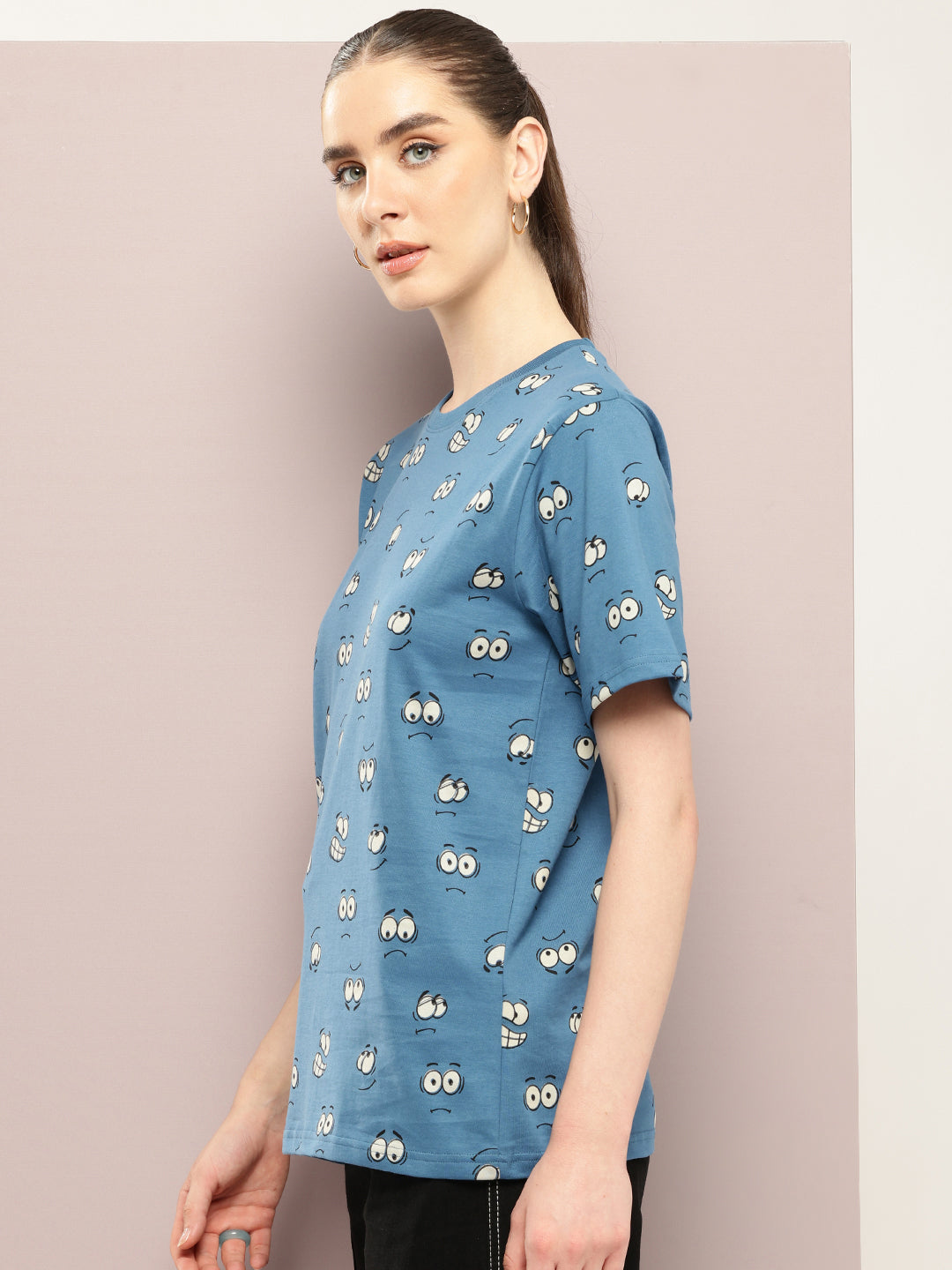 Womens Half Sleeve Round Neck All-Over Printed Oversized Fit Tshirts