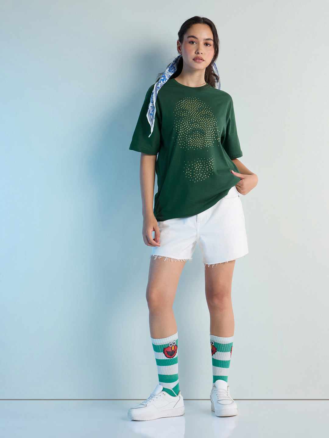 Womens Stud Detailed Oversized Round Neck Tshirt 