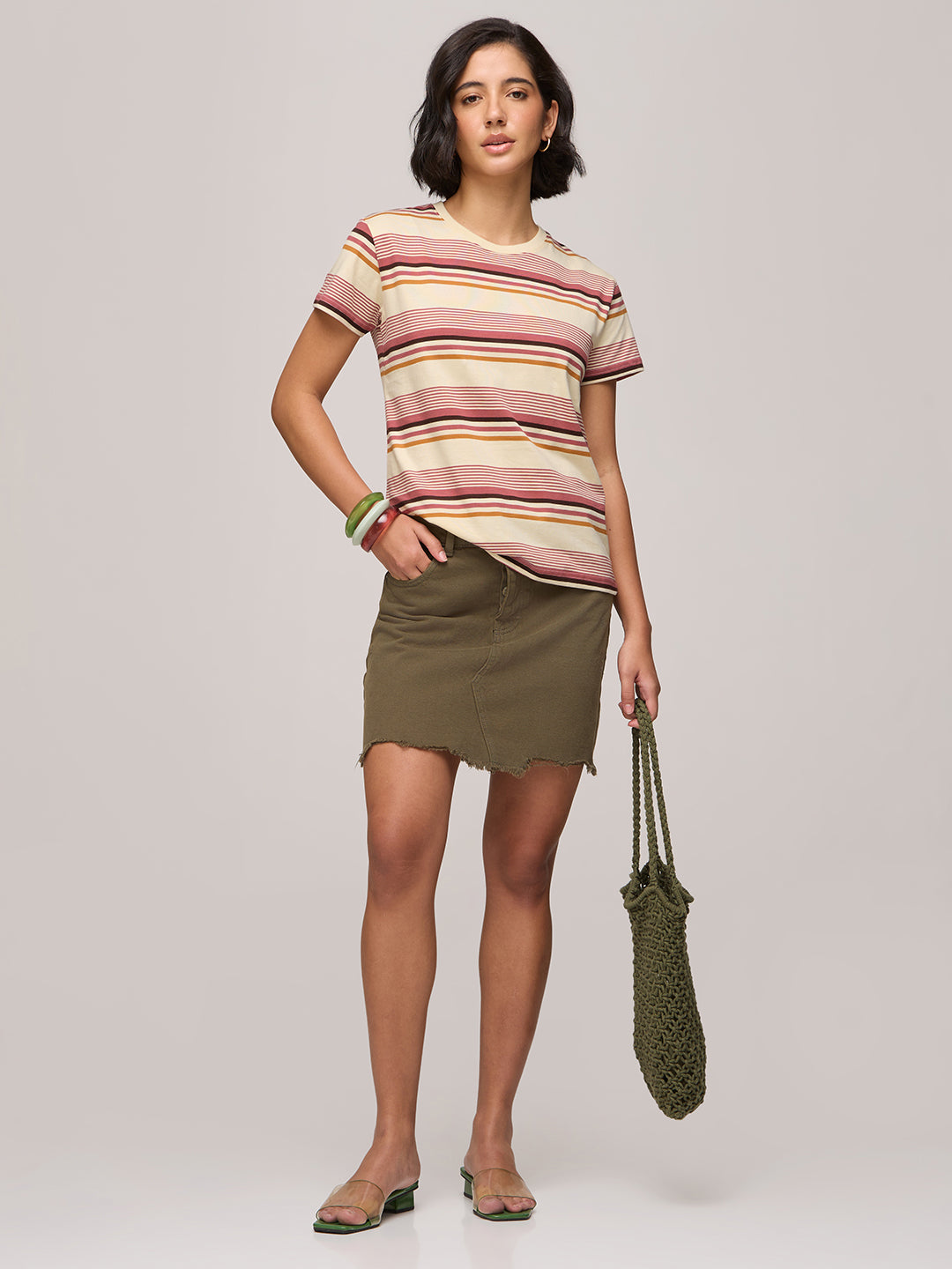 Womens Striped Regular Fit Cotton T-Shirt