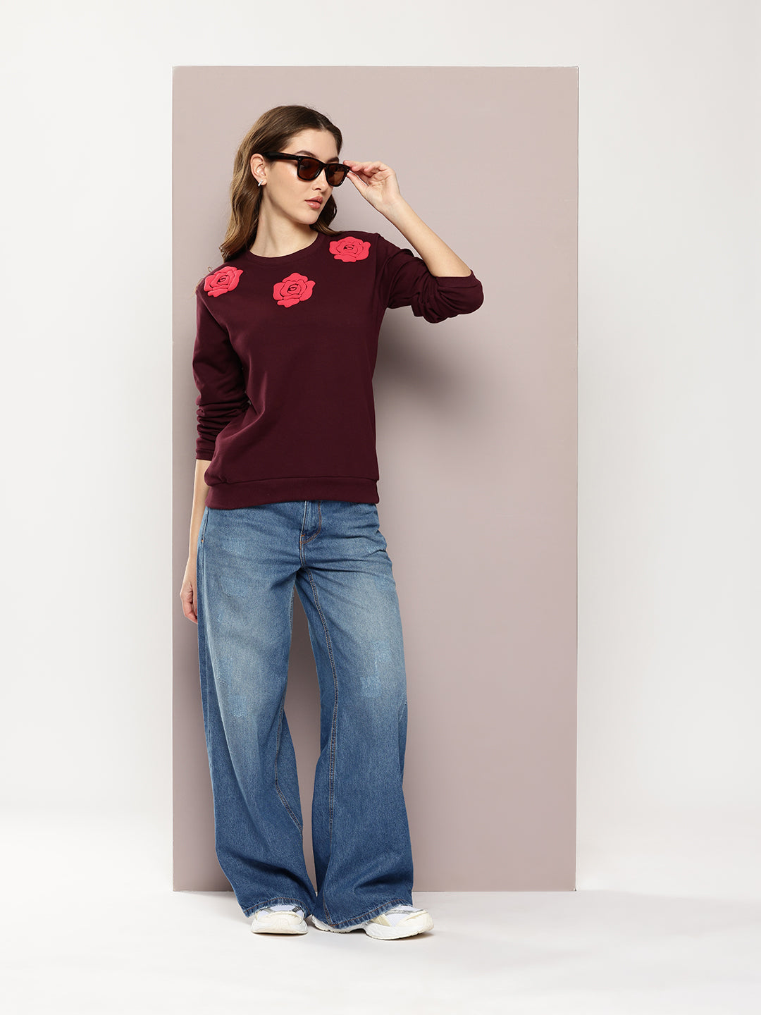 Womens Full Sleeve Round Neck Embellished Relaxed Fit Tshirts