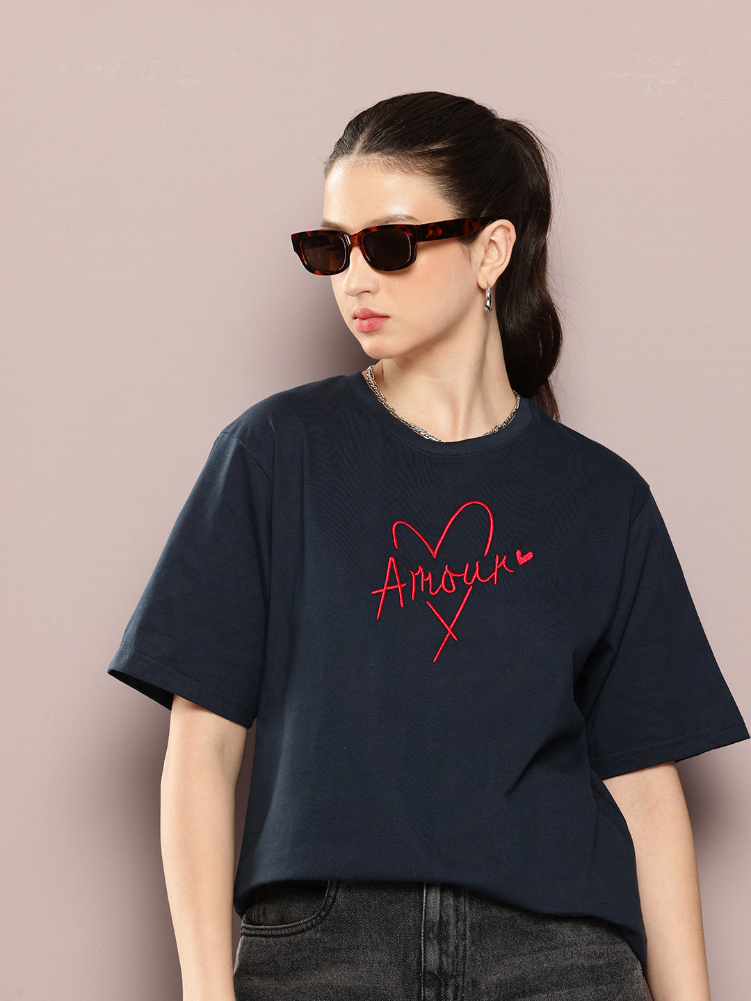 Womens Half Sleeve Round Neck Embroidery Oversized Fit Tshirts