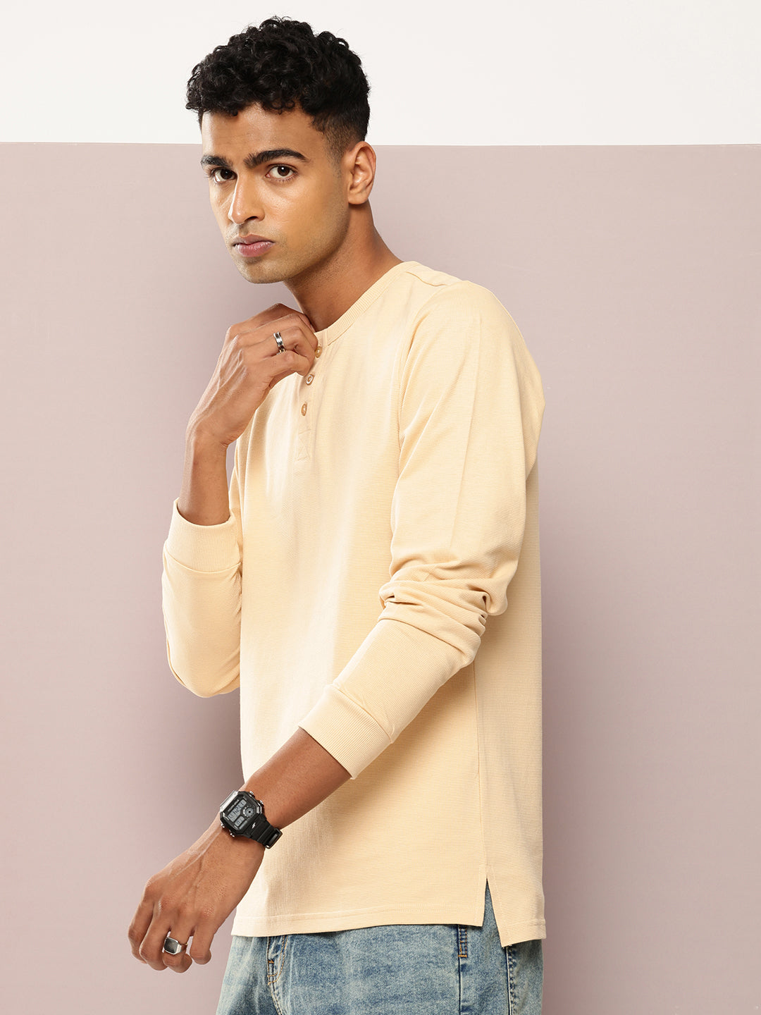 Mens Full Sleeve Henley Neck Solid Regular Fit Tshirts