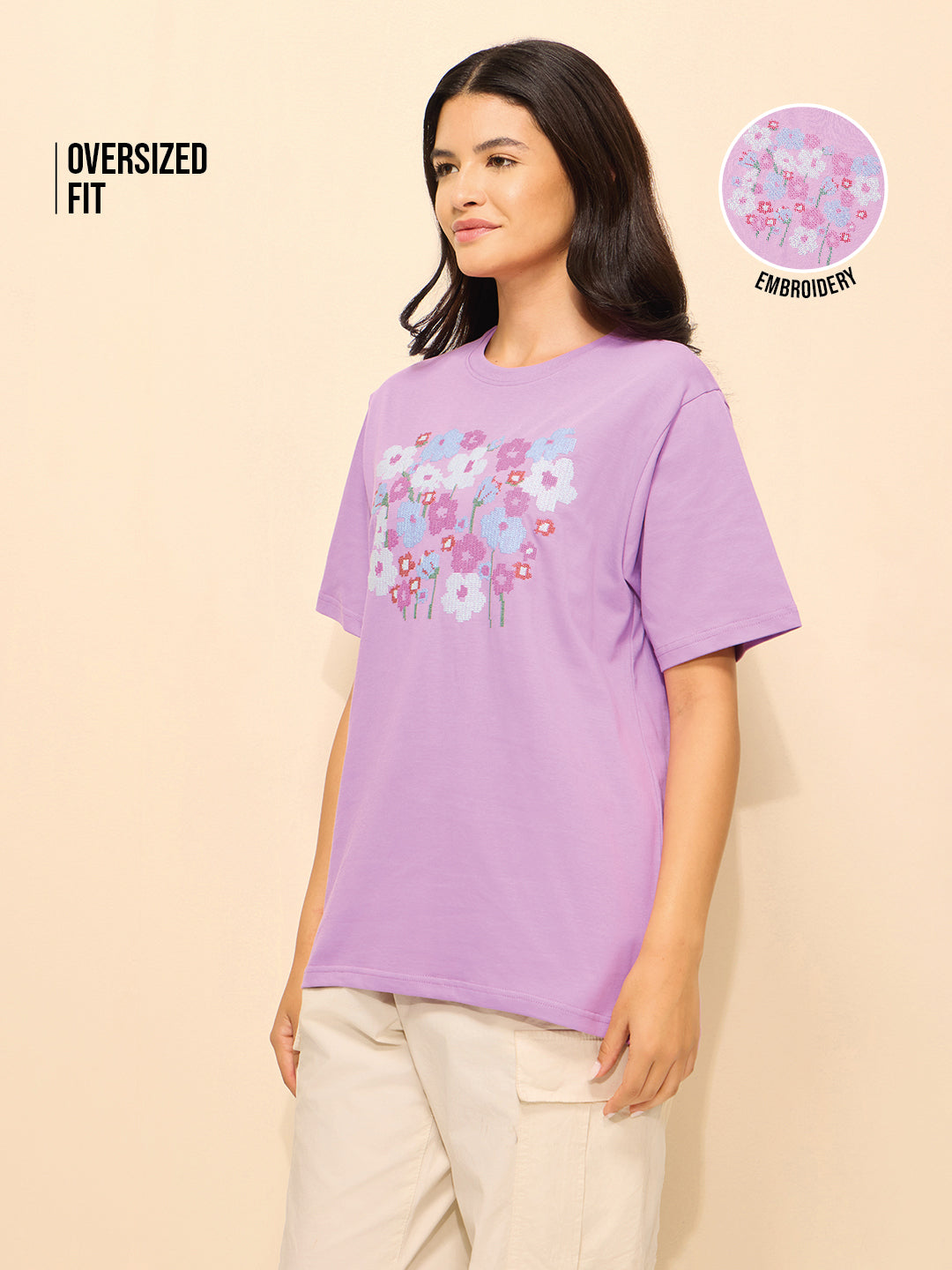 Womens Embroidery Oversized Fit Cotton T-Shirt