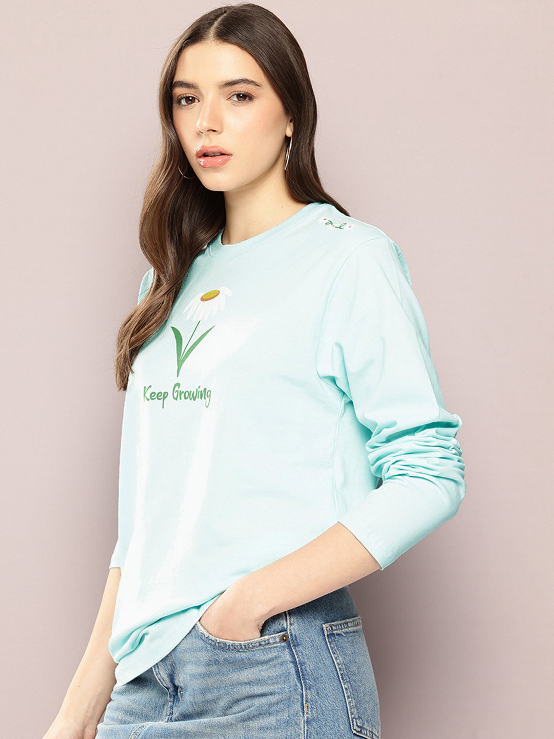 Womens Full Sleeve Round Neck Printed Oversized Fit Tshirts