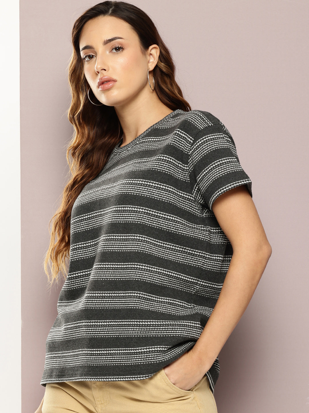 Womens Half Sleeve Round Neck All-Over Striped Boxy Fit Tshirts