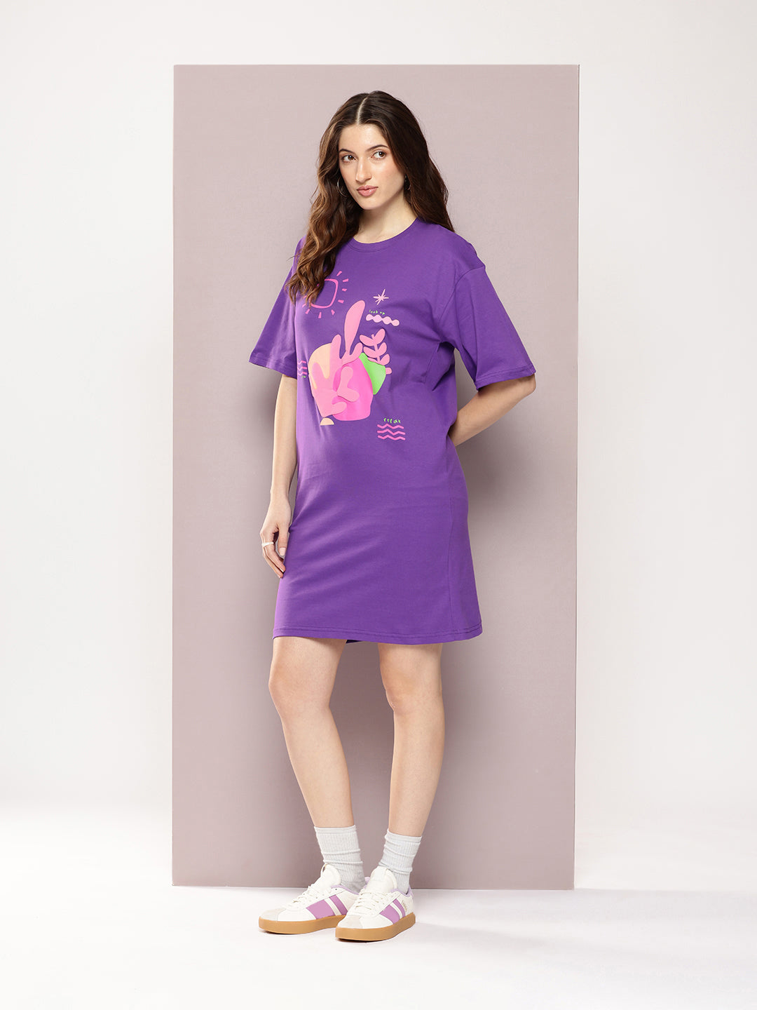 Womens Oversized Short Sleeves Printed Tshirt Dress
