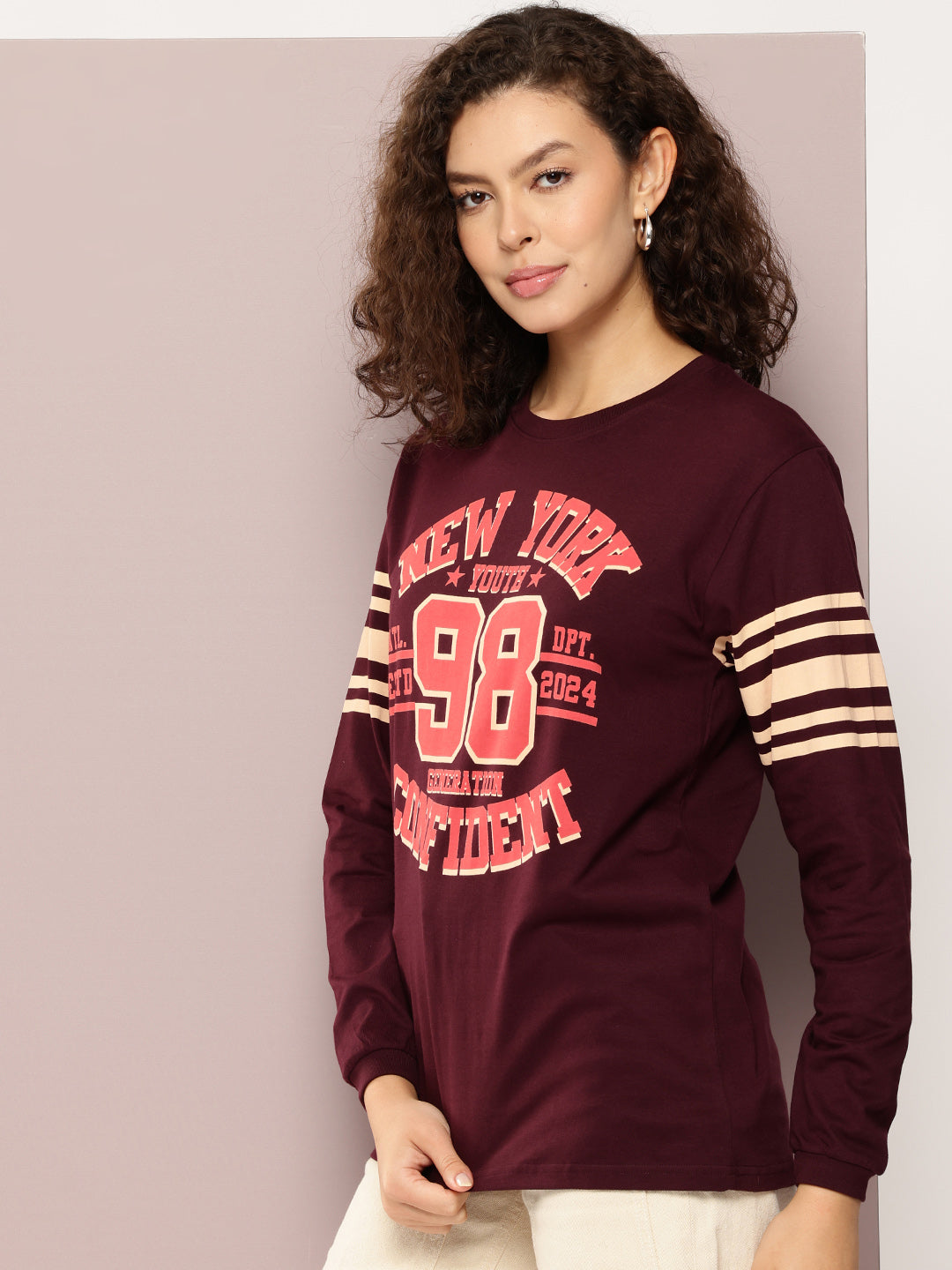 Womens Full Sleeve Round Neck Printed Oversized Fit Tshirts