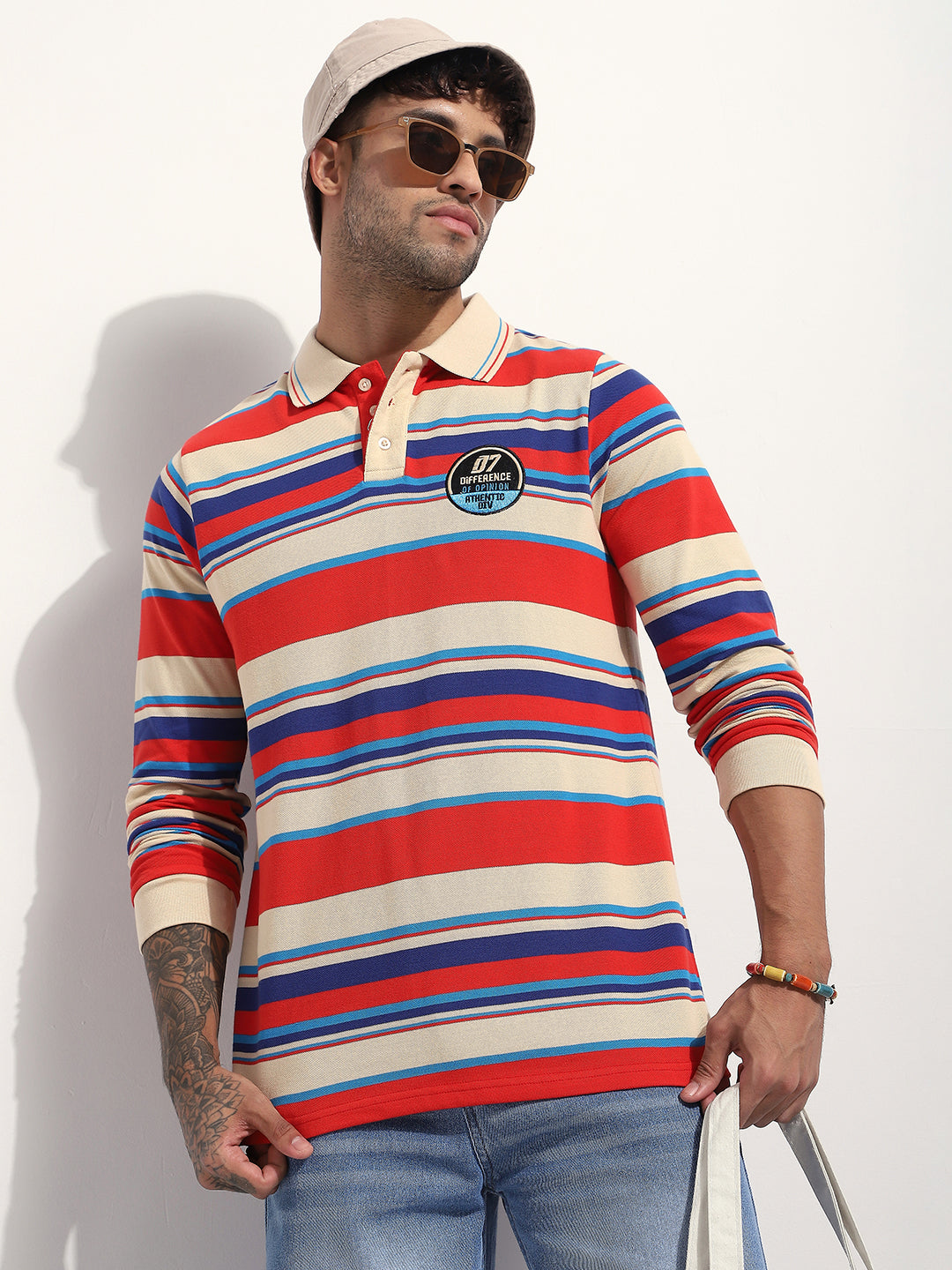 Mens Full Sleeve Polo Neck Striped Regular Fit Tshirts