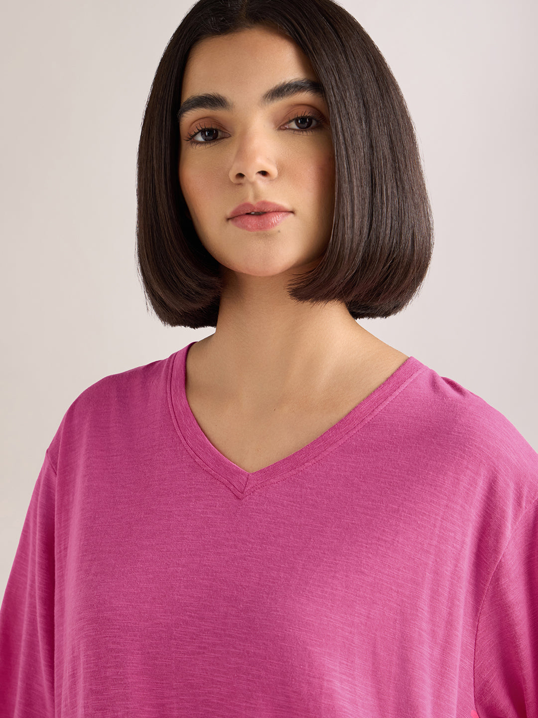 Womens Solid Oversized Cotton Modal V-Neck Tshirt