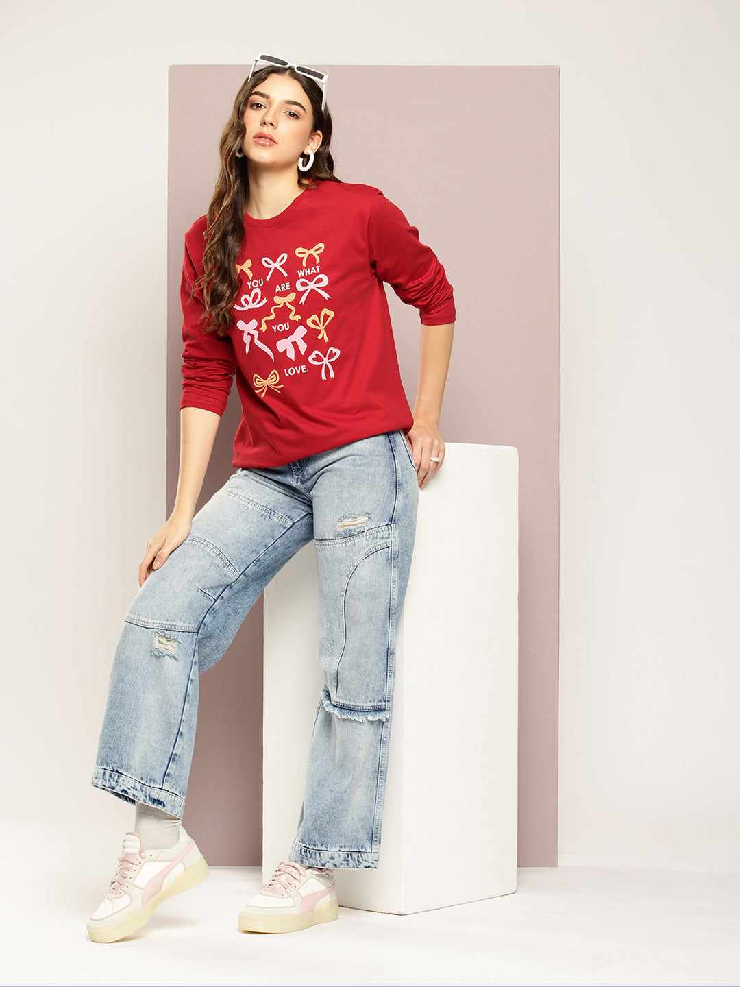 Womens Full Sleeve Round Neck Printed Oversized Fit Tshirts