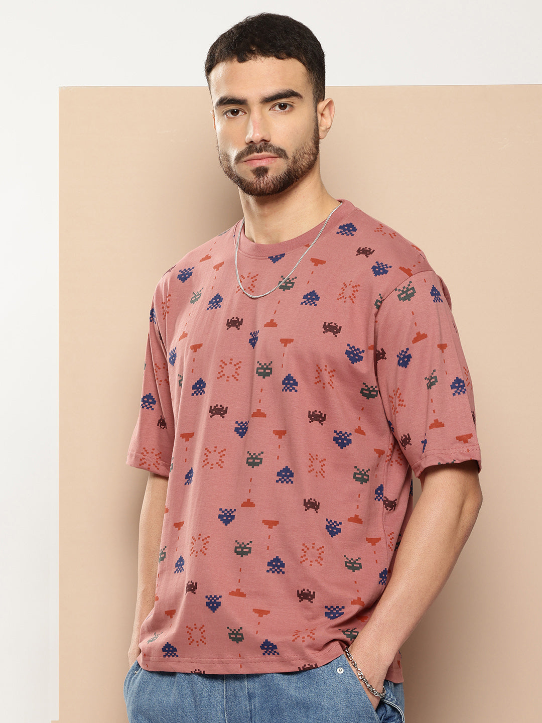 Mens Half Sleeve Round Neck All-Over Printed Oversized Fit Tshirts