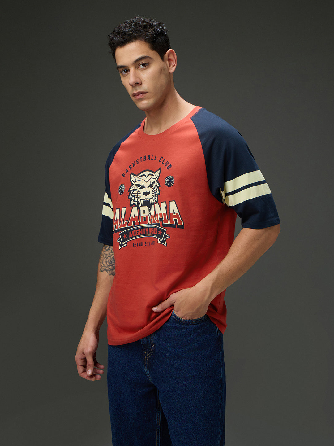 Mens Round Neck Raglan Sleeve Printed Oversized Fit Tshirt
