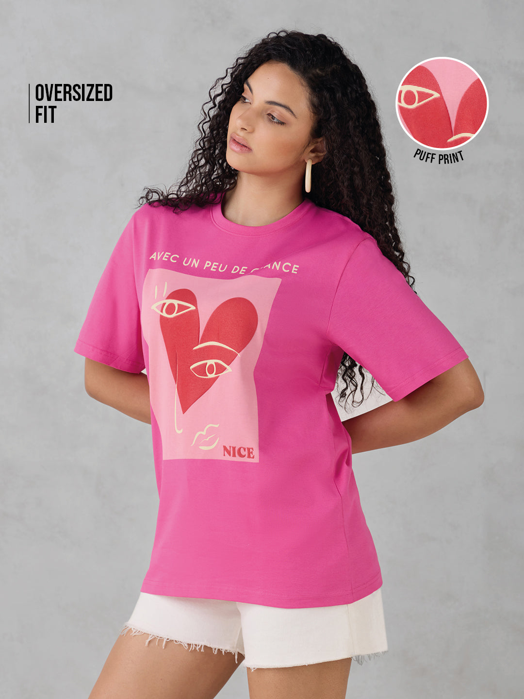 Womens Half Sleeve Puff Printed Oversized Fit Tshirt