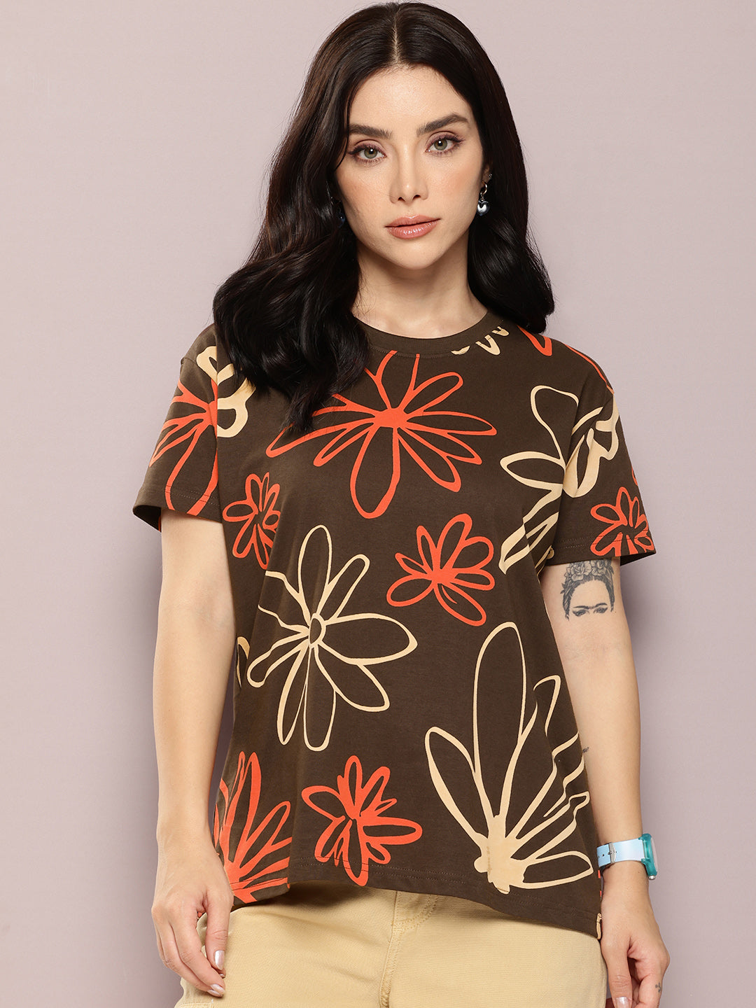 Womens Half Sleeve Round Neck All-Over Printed Boxy Fit Tshirts