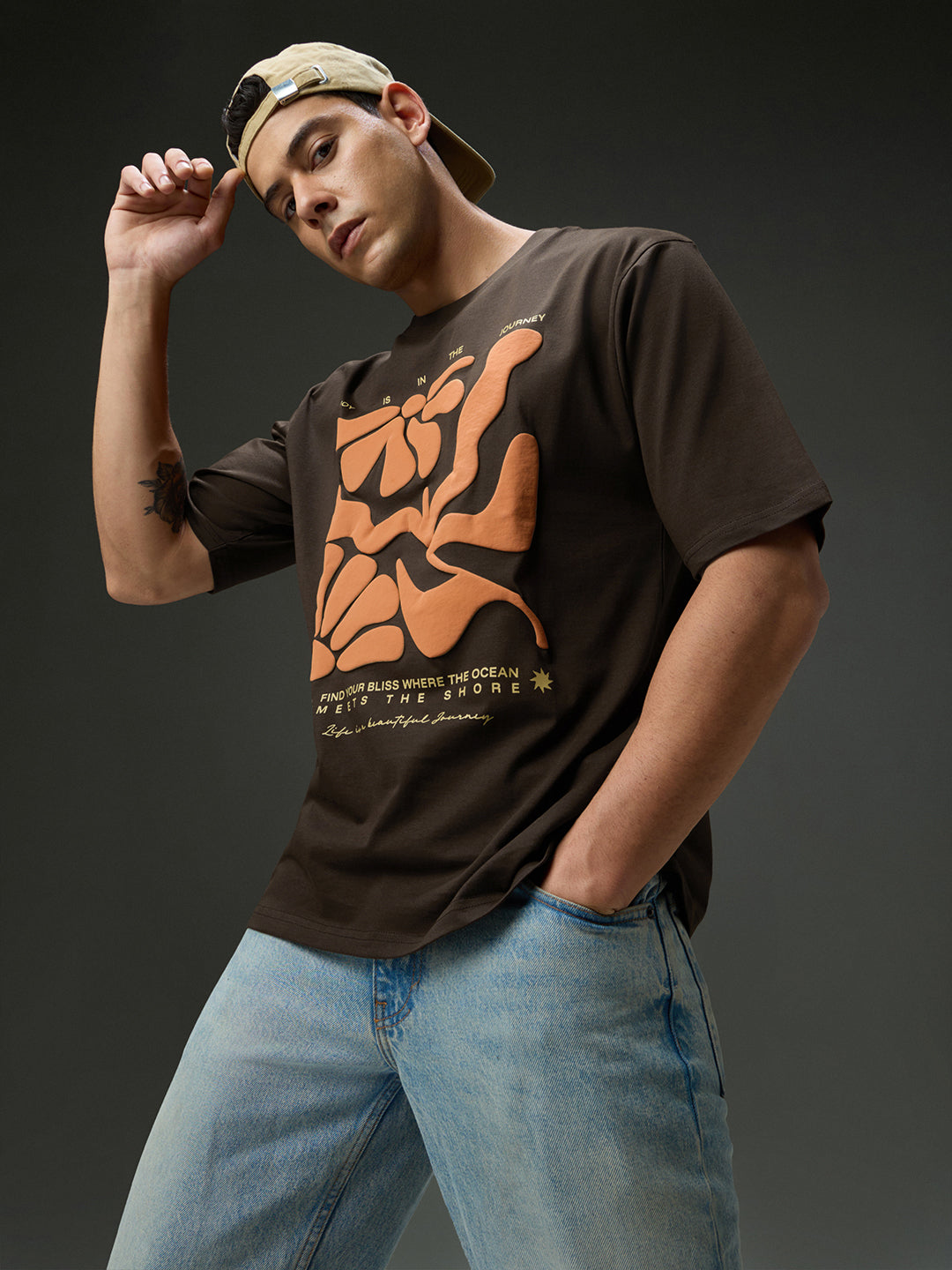 Mens Round Neck Half Sleeve Puff Printed Oversized Fit Tshirt