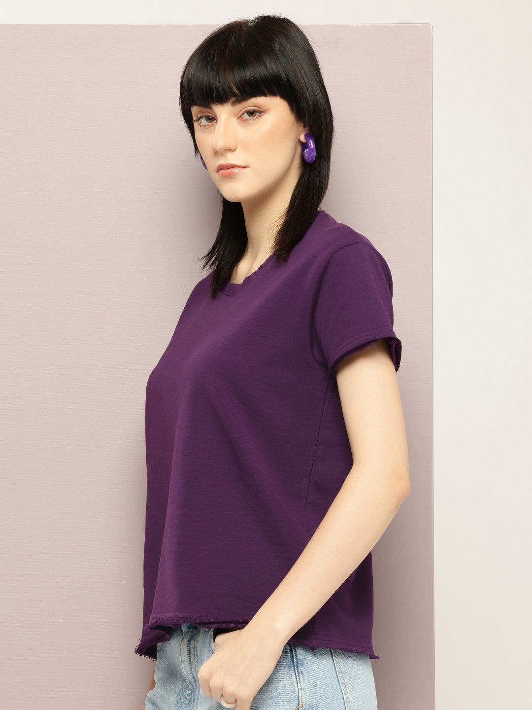 Womens Half Sleeve Round Neck Solid Boxy Fit Tshirts