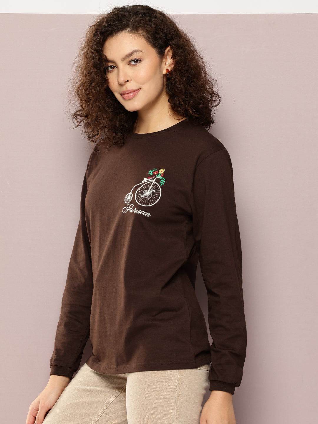 Womens Full Sleeve Round Neck Embroidered Oversized Fit Tshirts
