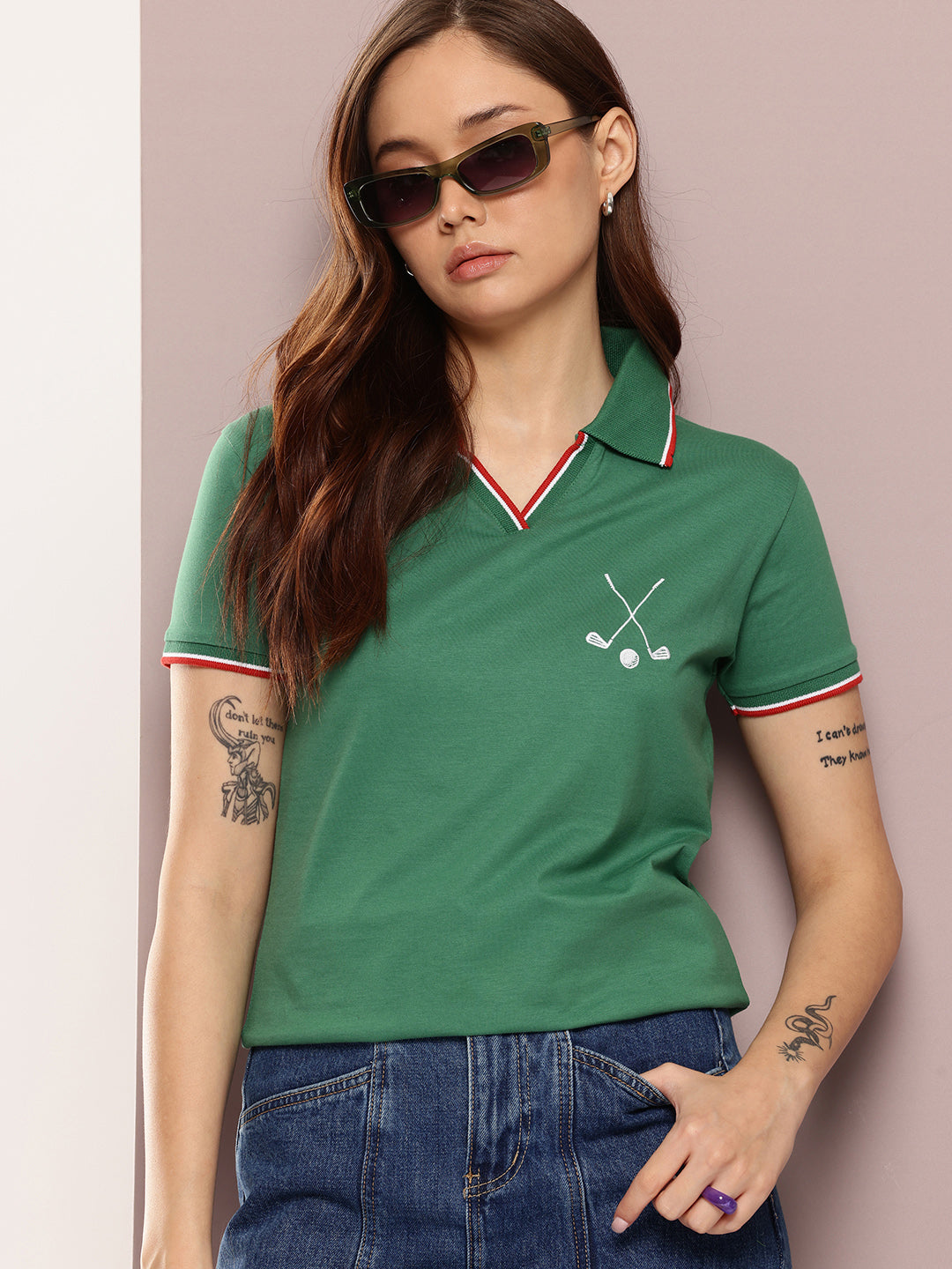 Womens Half Sleeve Polo Neck Embroidered Regular Fit Tshirts