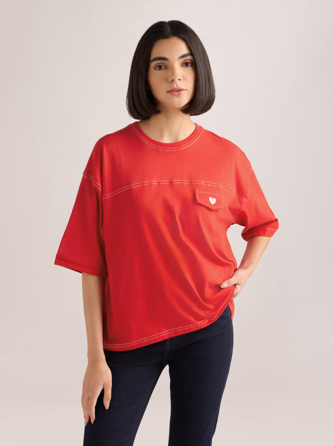 Womens Embroidery Boxy Regular Fit Cut & Sew Cotton Tshirt