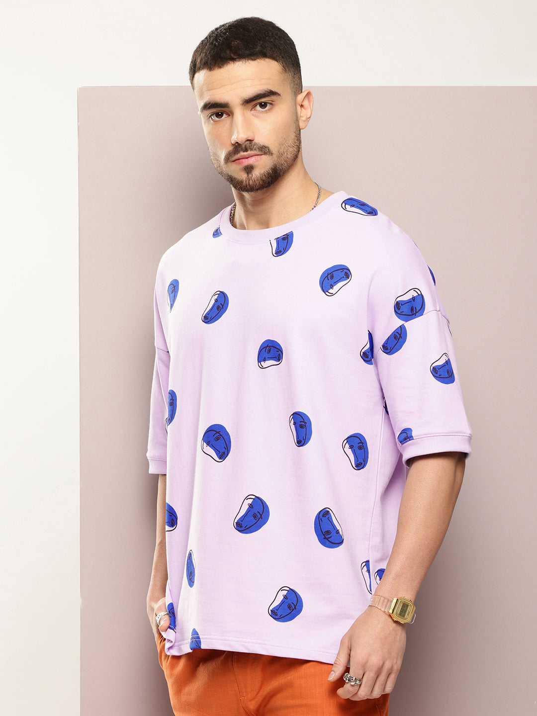 Mens Half Sleeve Round Neck All-Over Printed Oversized Fit Tshirts