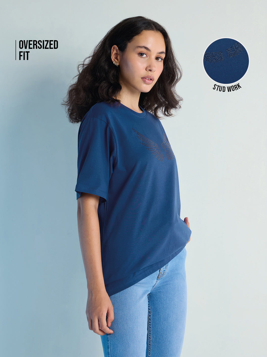 Womens Stud Detailed Oversized Round Neck Tshirt 