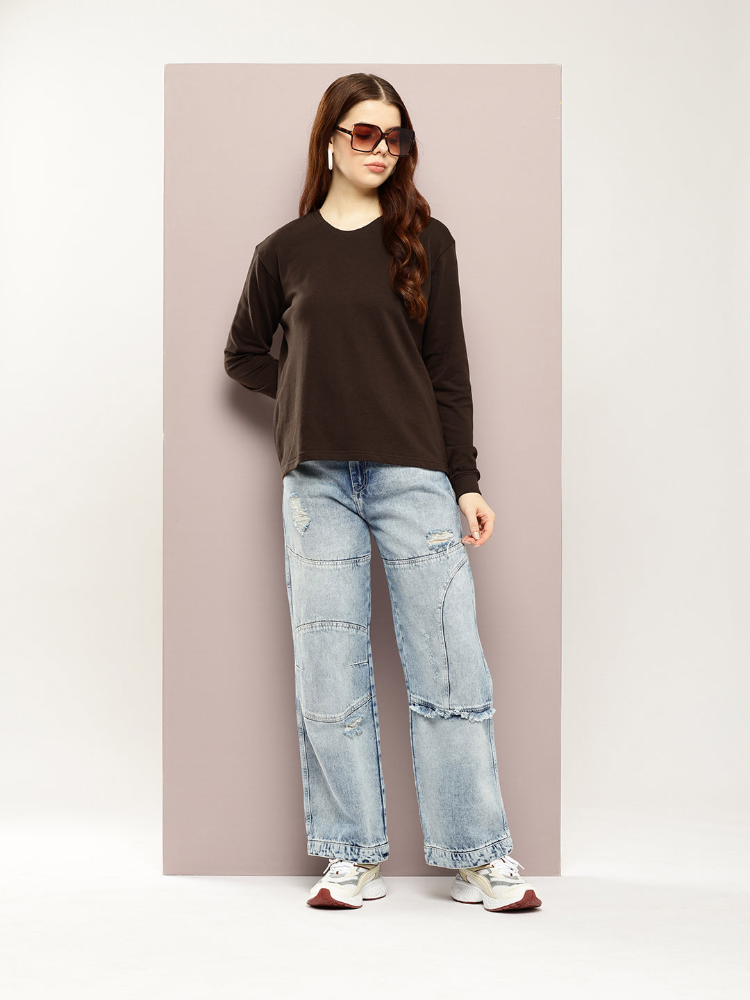 Womens Full Sleeve Round Neck Solid Boxy Fit Tshirts